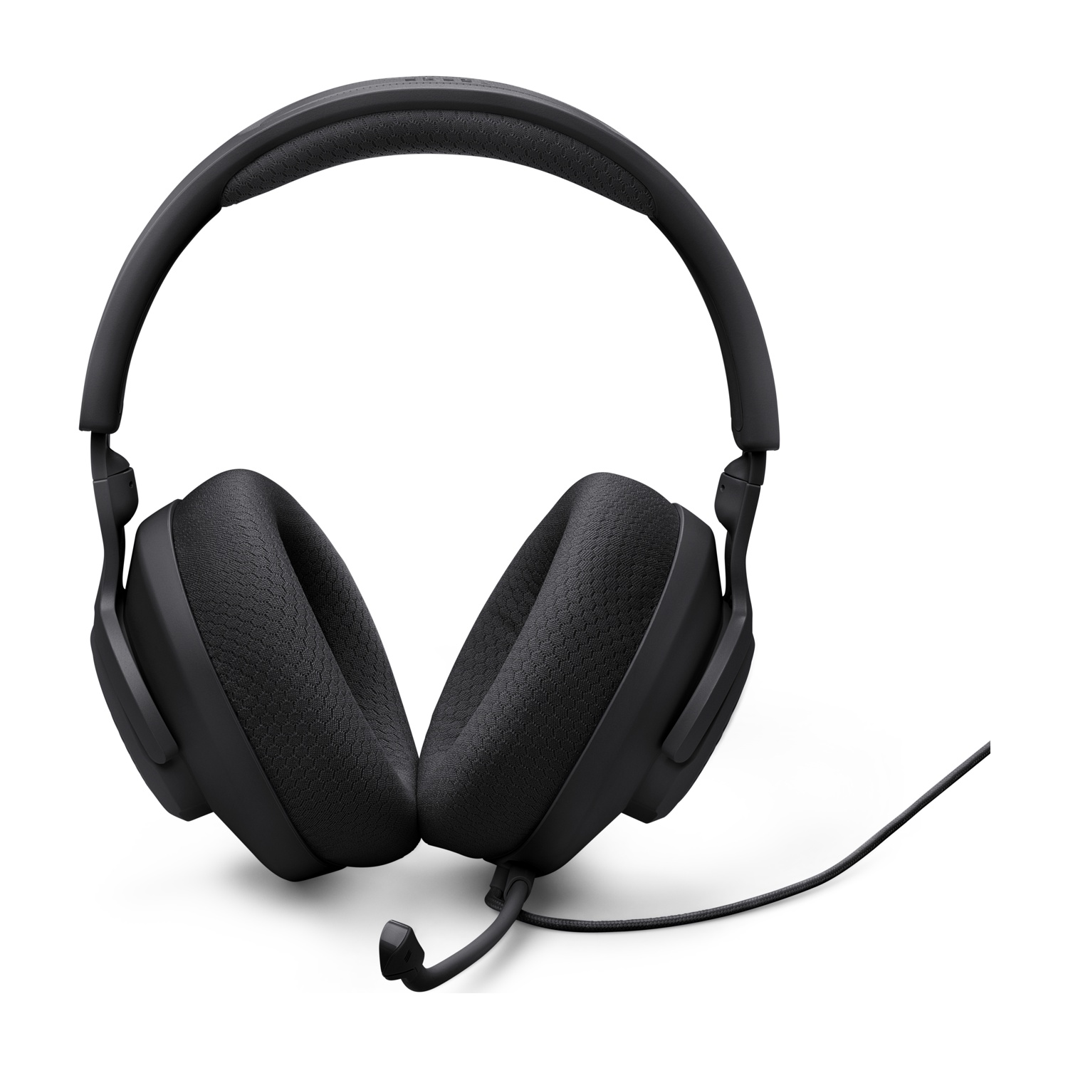 Schwarze Over-Ear-Kopfhörer mit Mikrofon und Kabel, isoliert auf weißem Hintergrund.