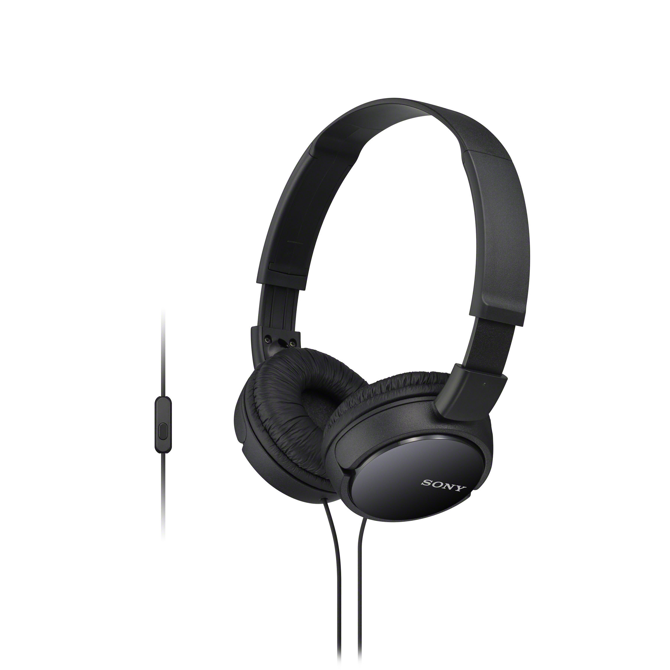 Schwarze Sony Kopfhörer mit gepolsterten Ohrmuscheln und einem Kabel mit Fernbedienung.