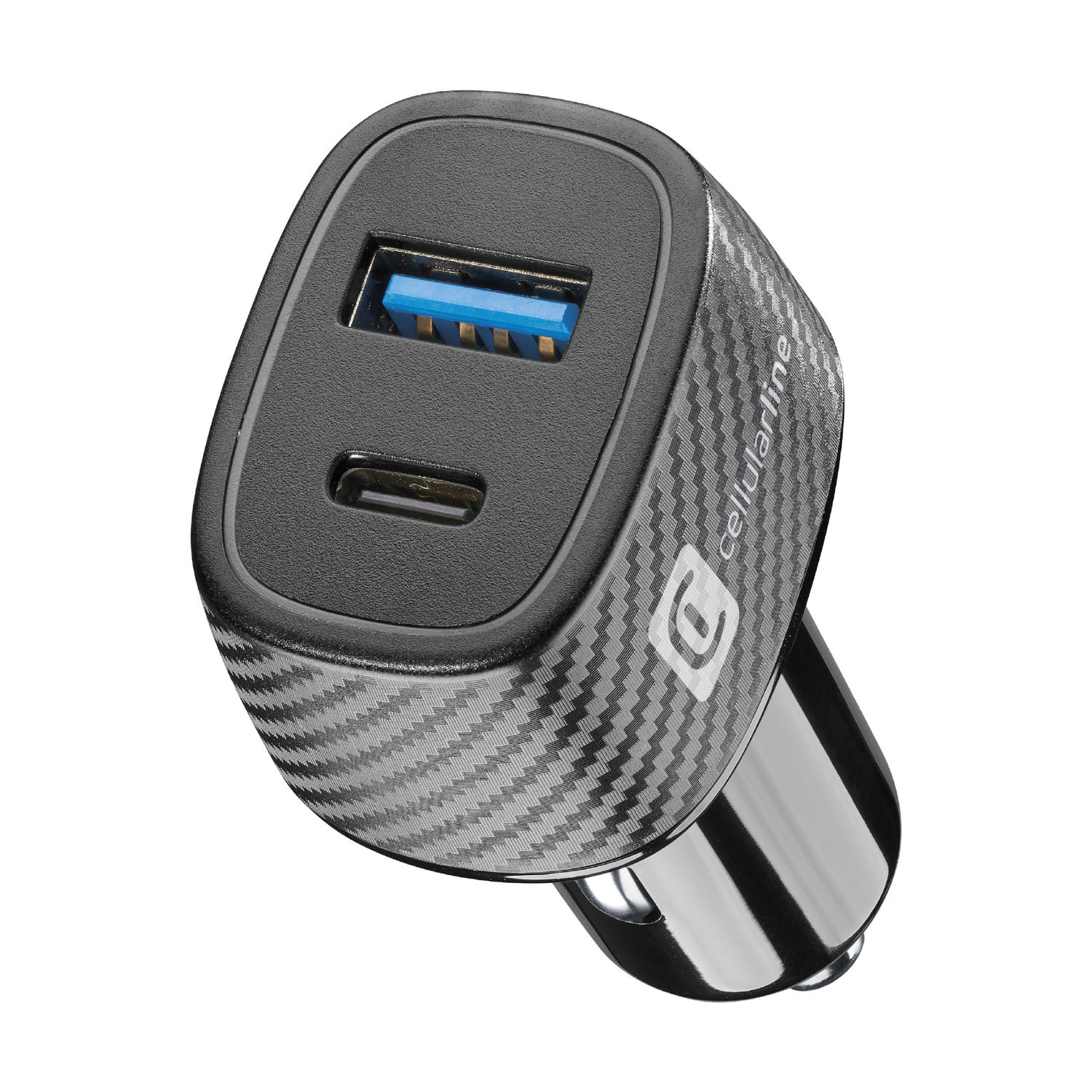 Un adattatore USB per auto nero con porte USB-A e USB-C.