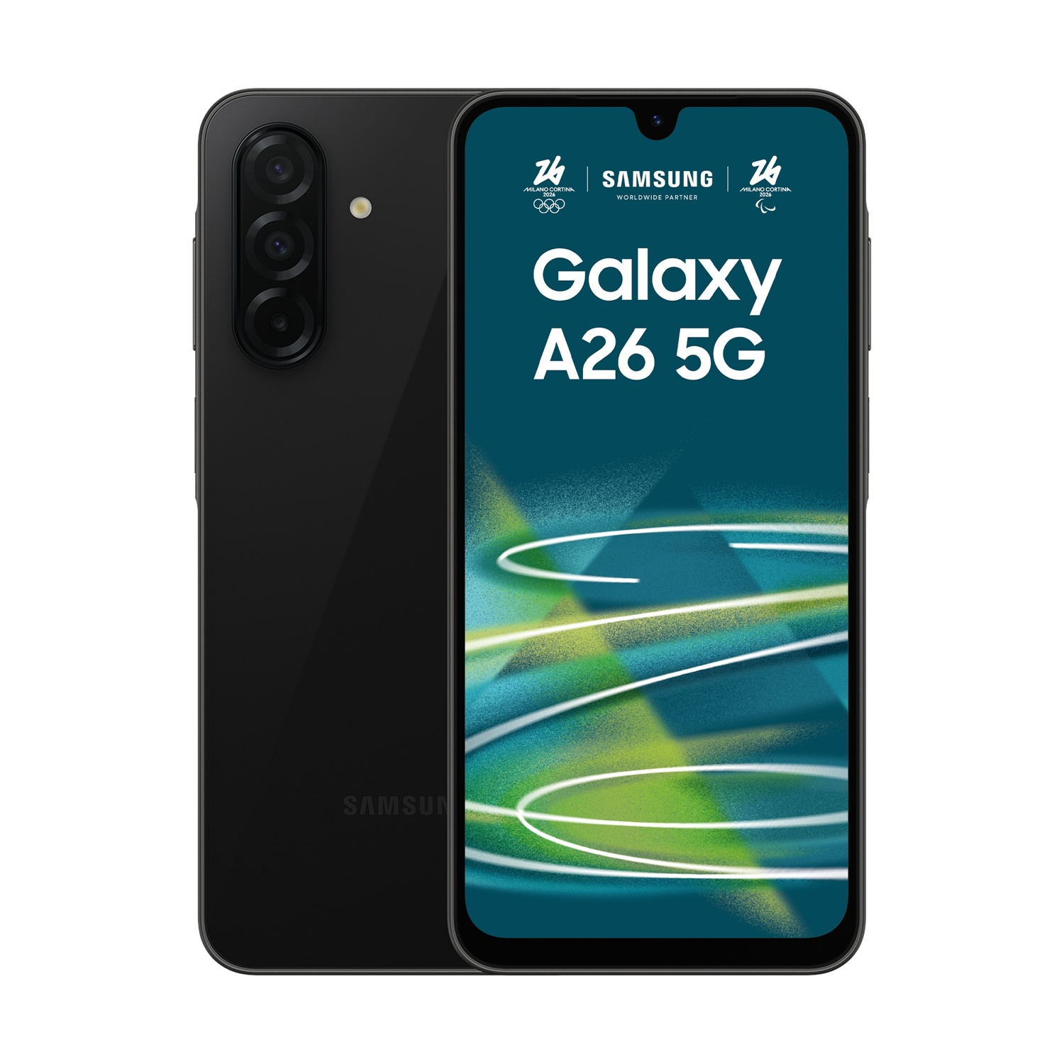Telefono Samsung Galaxy A26 5G nero con modulo fotocamera e loghi olimpici.