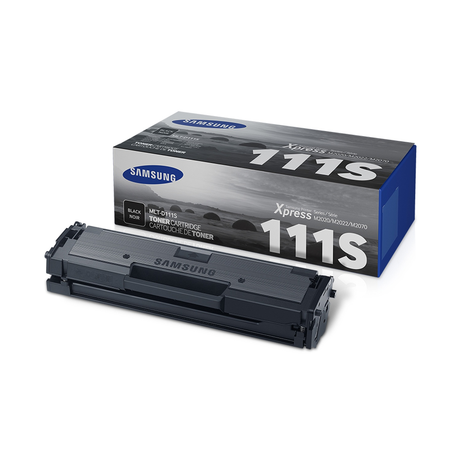 Czarny toner Samsung MLT-D111S obok opakowania.