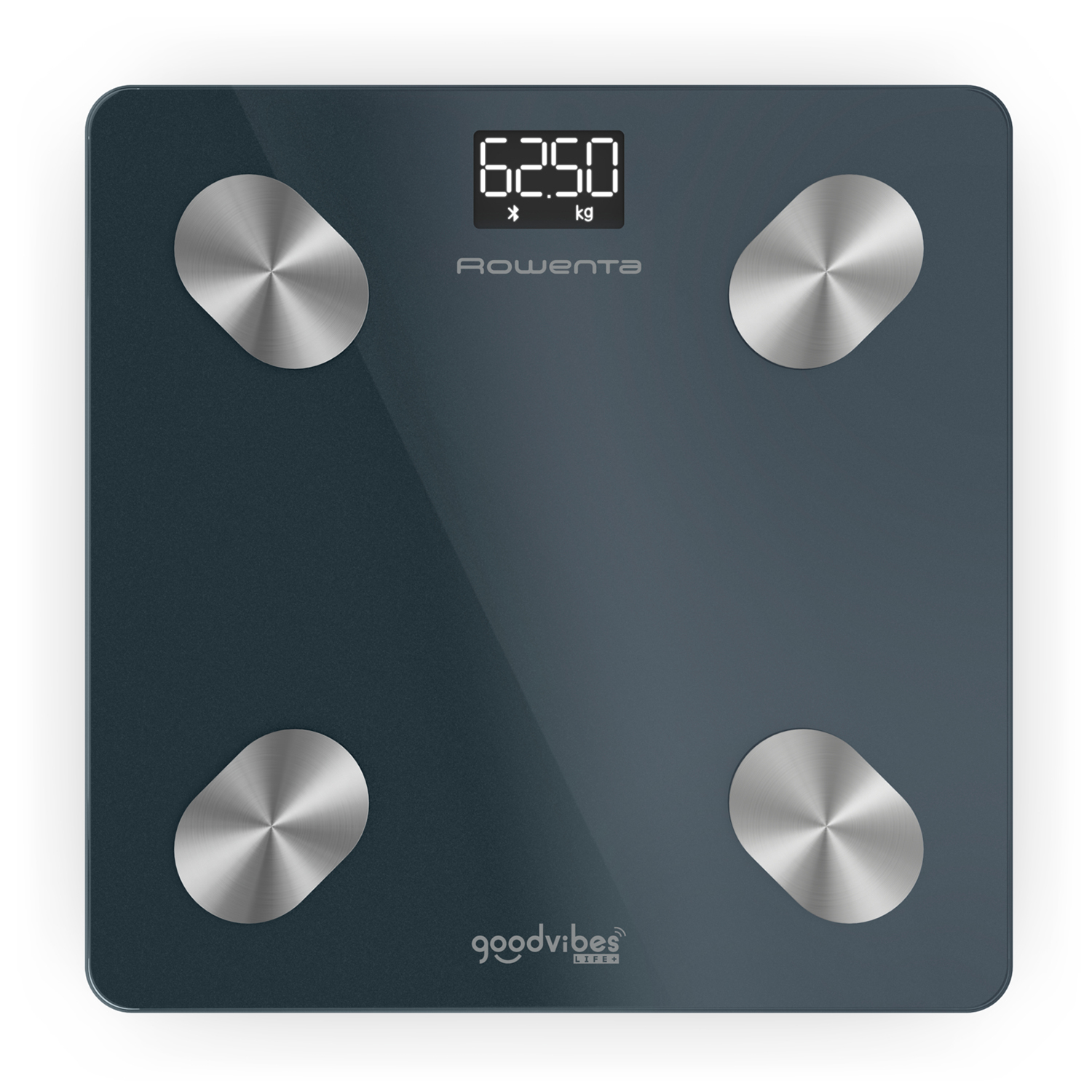 Szara waga cyfrowa z srebrnymi elektrodami i wyświetlaczem 62.50 kg.