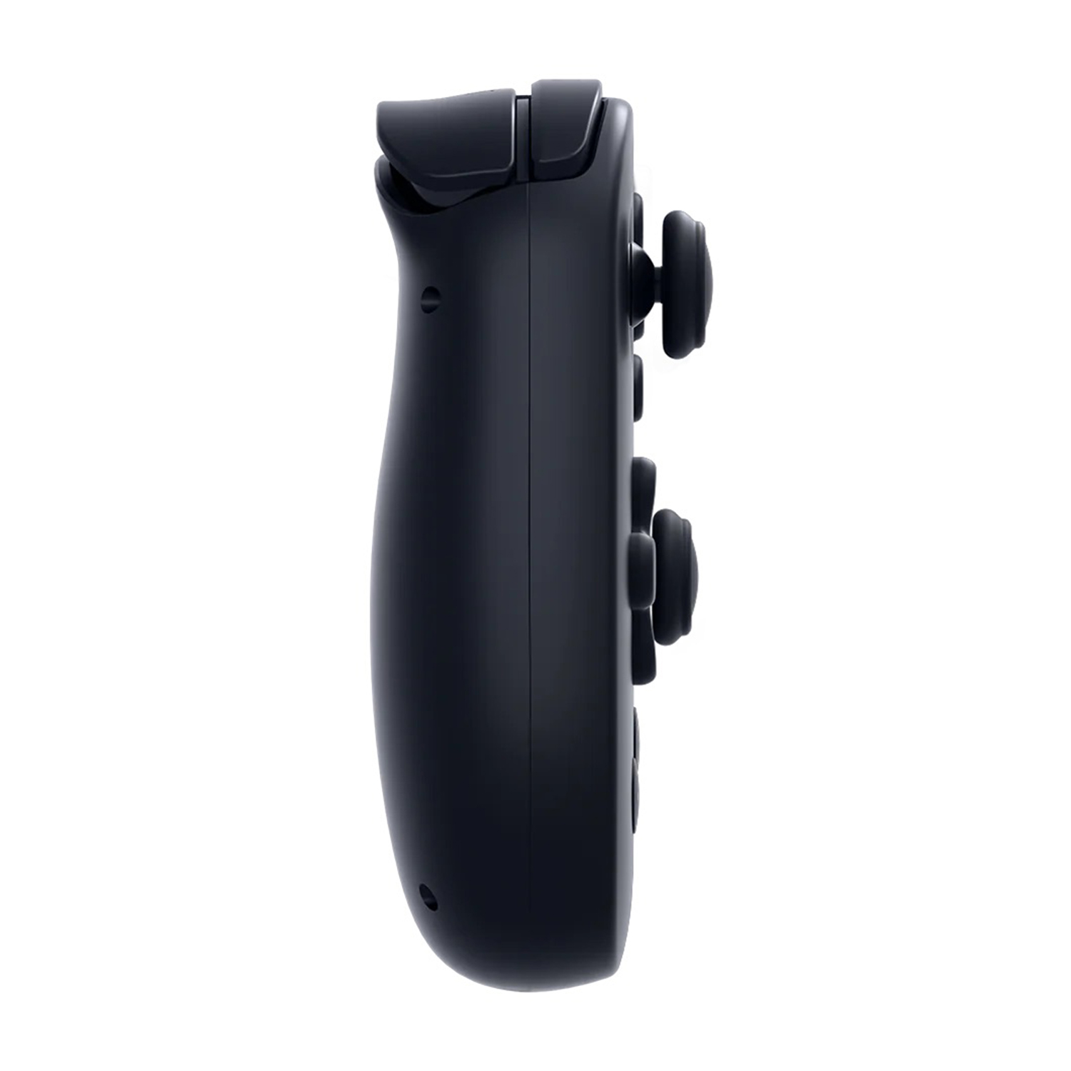 Controller da gioco blu scuro visto di lato con pulsanti e joystick.