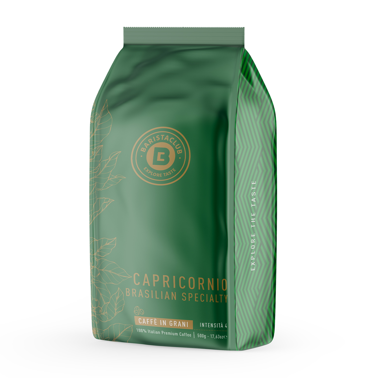 Sacchetto di caffè verde con scritte dorate e motivo a foglia.
