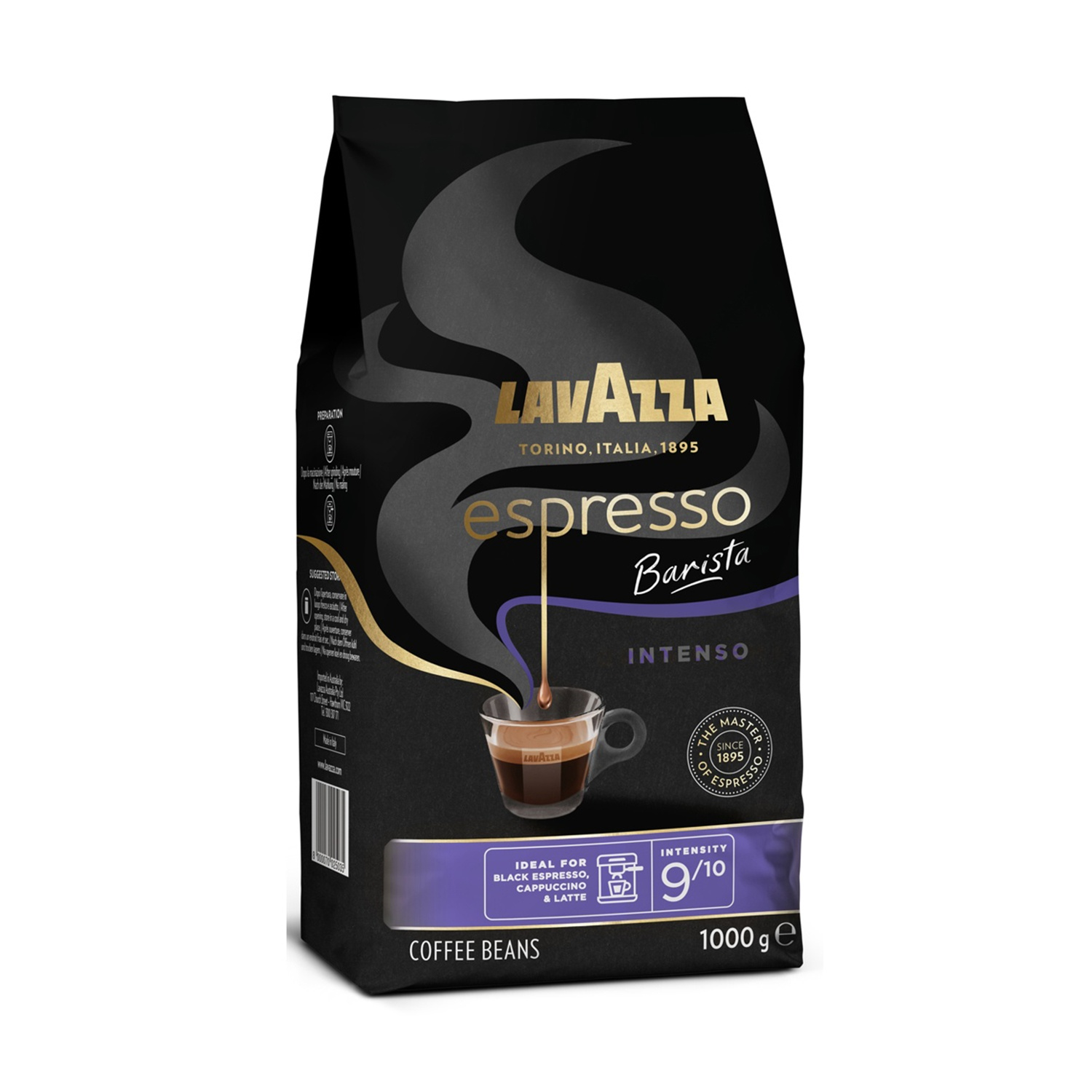 Caffè Lavazza Espresso Barista in busta nera con tazzina da espresso e icona chicco caffè.
