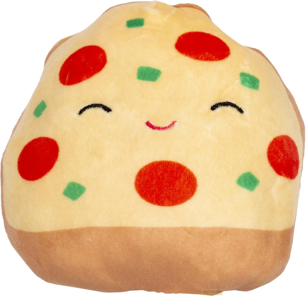 Un cuscino di peluche a fetta di pizza con faccia felice e condimenti.