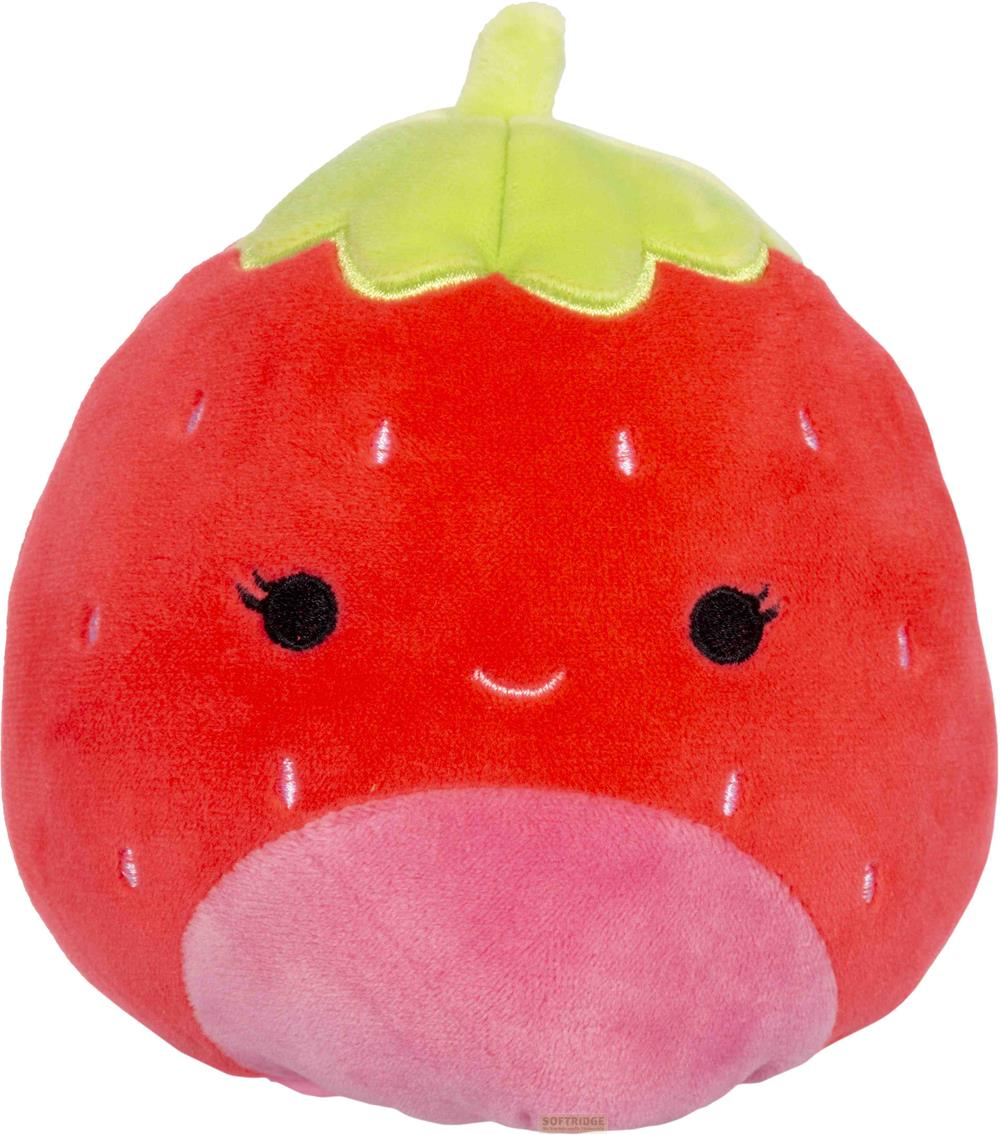 Un amico fragola di peluche rosso con foglie verdi e pancia rosa.