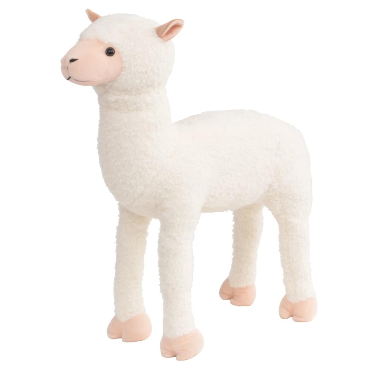 Ein flauschiges weißes Lama-Stofftier mit rosa Füßen und Ohren.