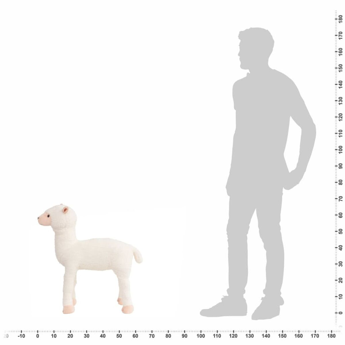 Ein weißes flauschiges Schafspielzeug steht neben einer grauen Silhouette eines Mannes, mit Lineal zur Skalierung.