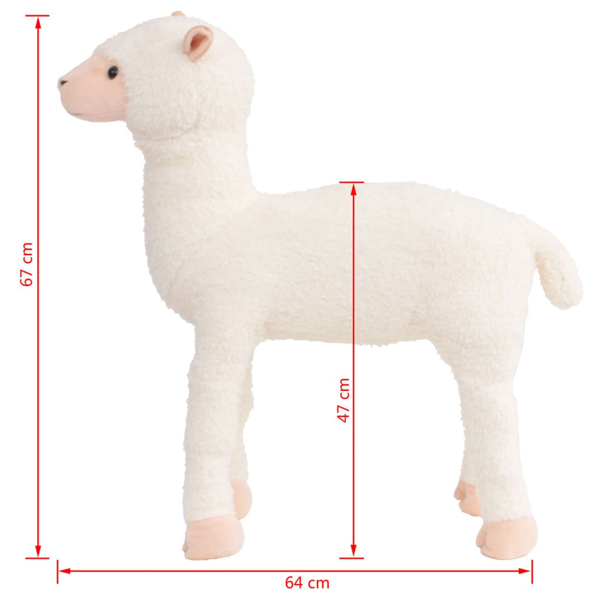 Ein flauschiges weißes Schaf-Stofftier mit rosa Ohren und Schnauze, Maße sind angegeben.
