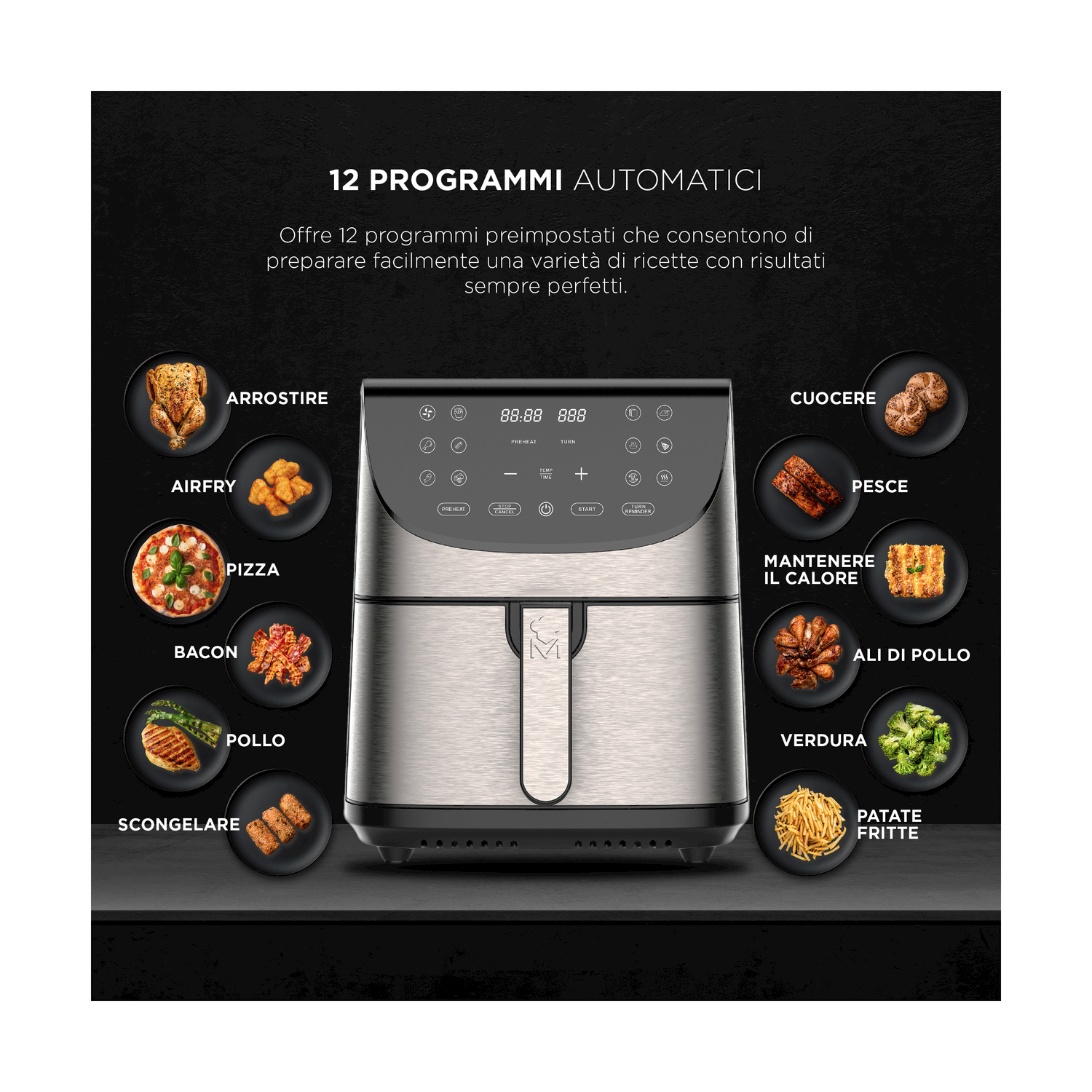 Una freidora de aire plateada con 12 programas automáticos y ejemplos de comida.