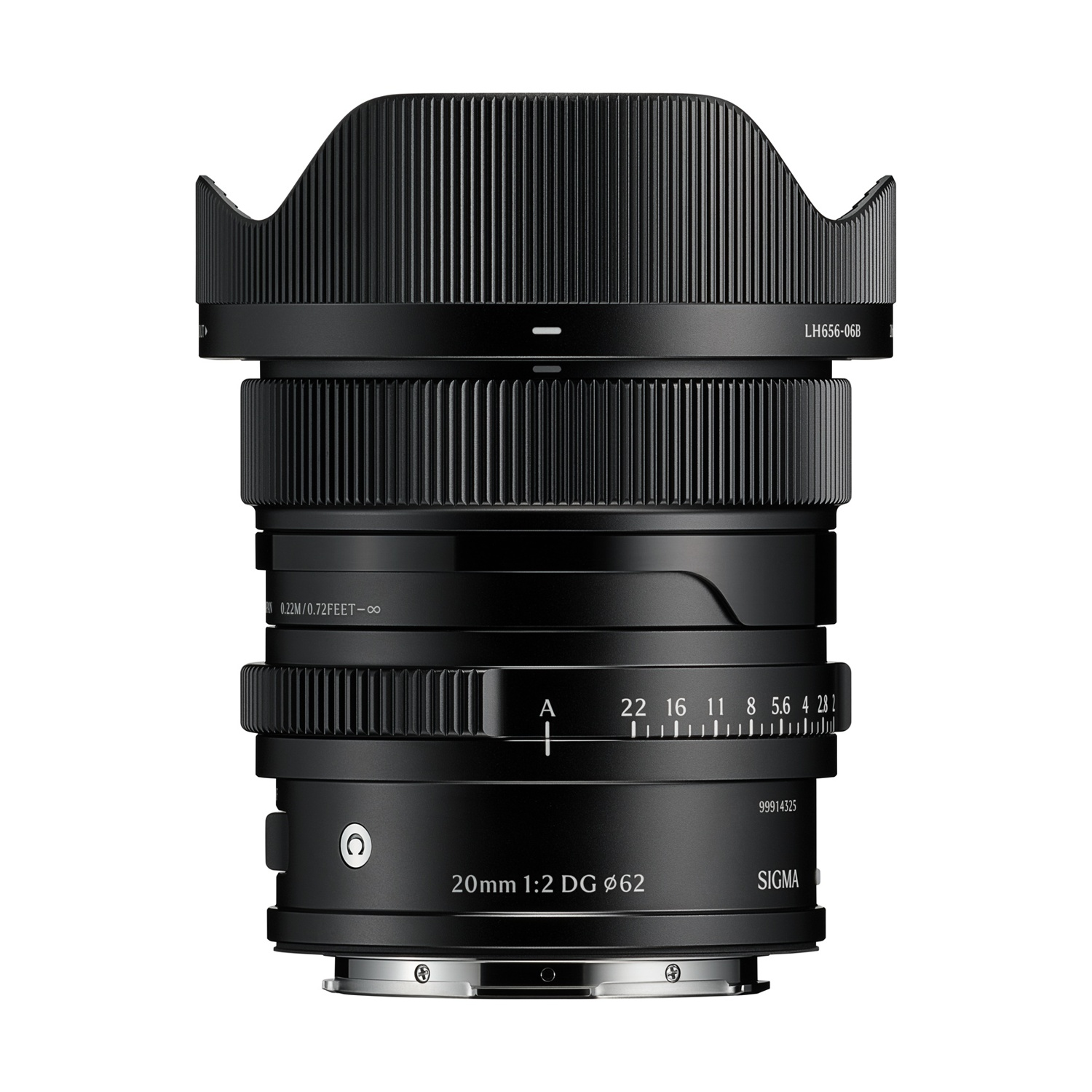 Lente Sigma 20mm 1:2 DG negra con parasol y escala de apertura.