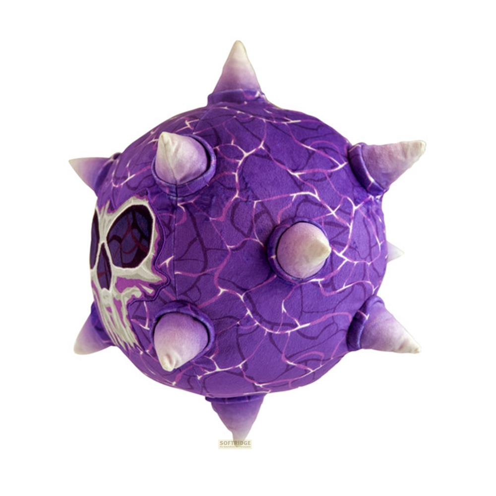 Sfera viola spinosa con disegno teschio. Dettagli bianchi e viola.