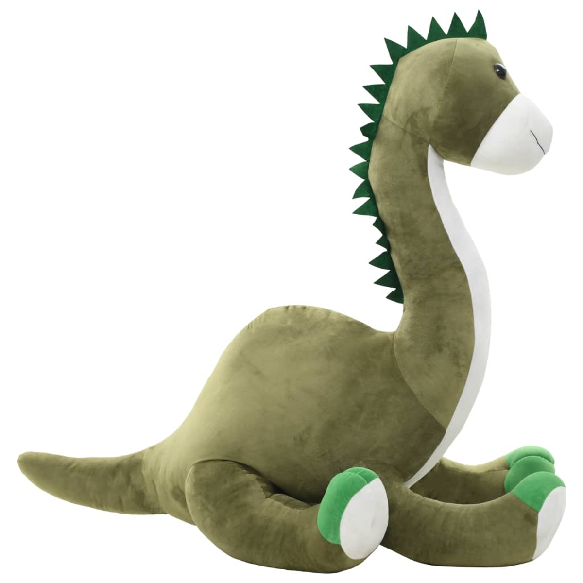 Ein grüner Plüsch-Dinosaurier sitzt aufrecht mit grünen Zacken auf dem Rücken.