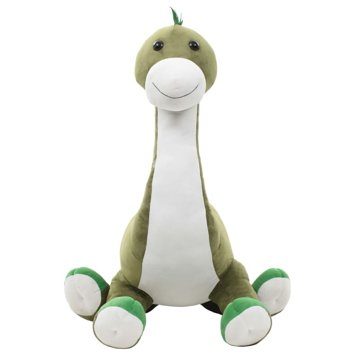 Ein grüner Plüsch-Dinosaurier mit weißem Bauch sitzt da.