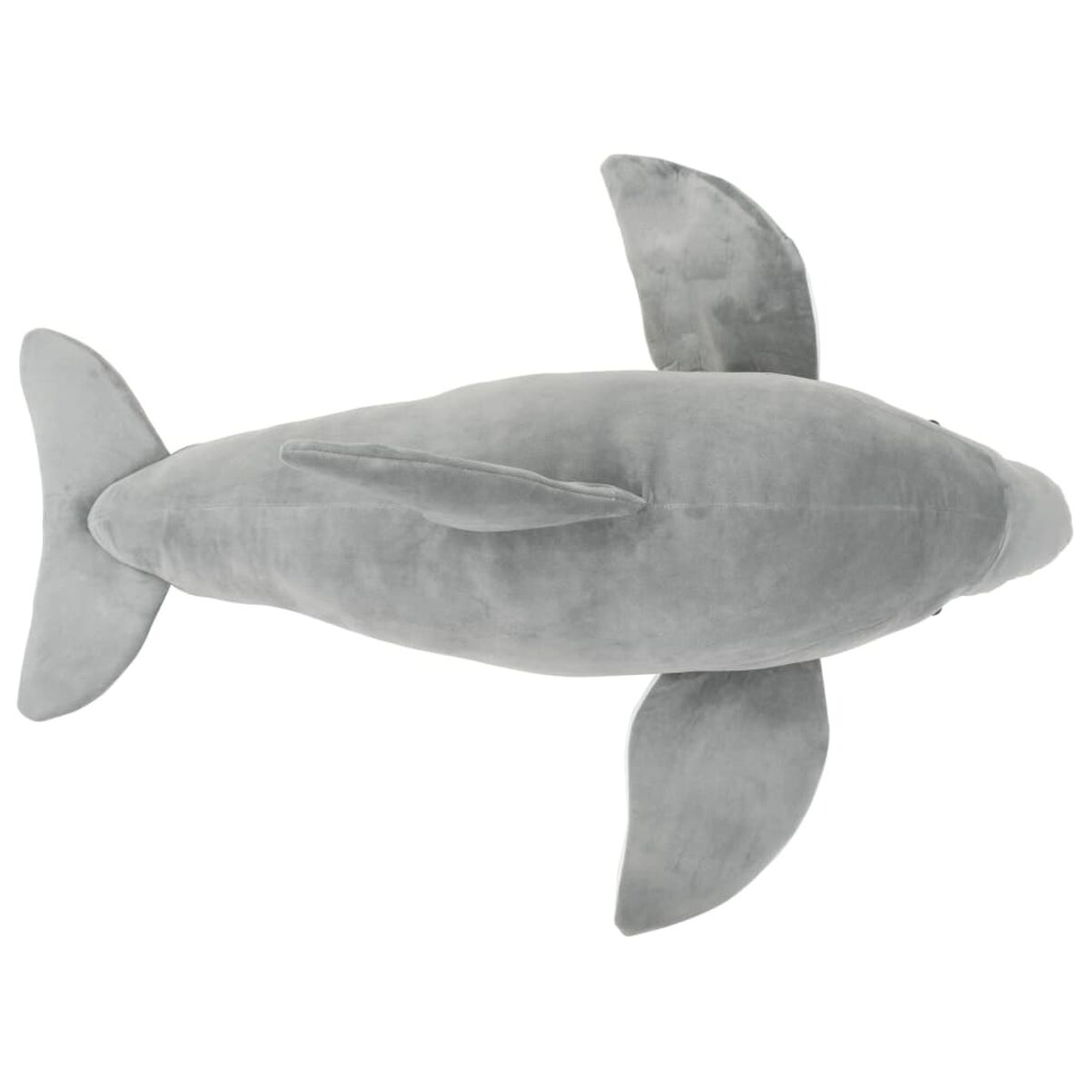 Graues Plüsch-Delfin-Spielzeug mit Flossen und Schwanz.