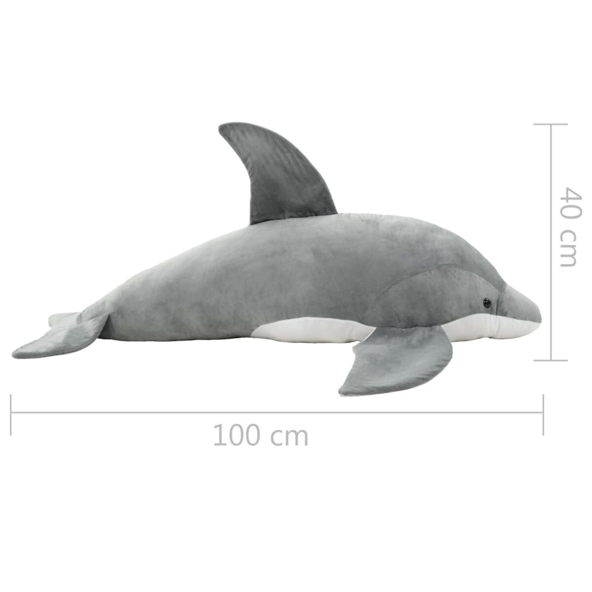 Grauer Plüschdelfin, 100 cm lang und 40 cm hoch.