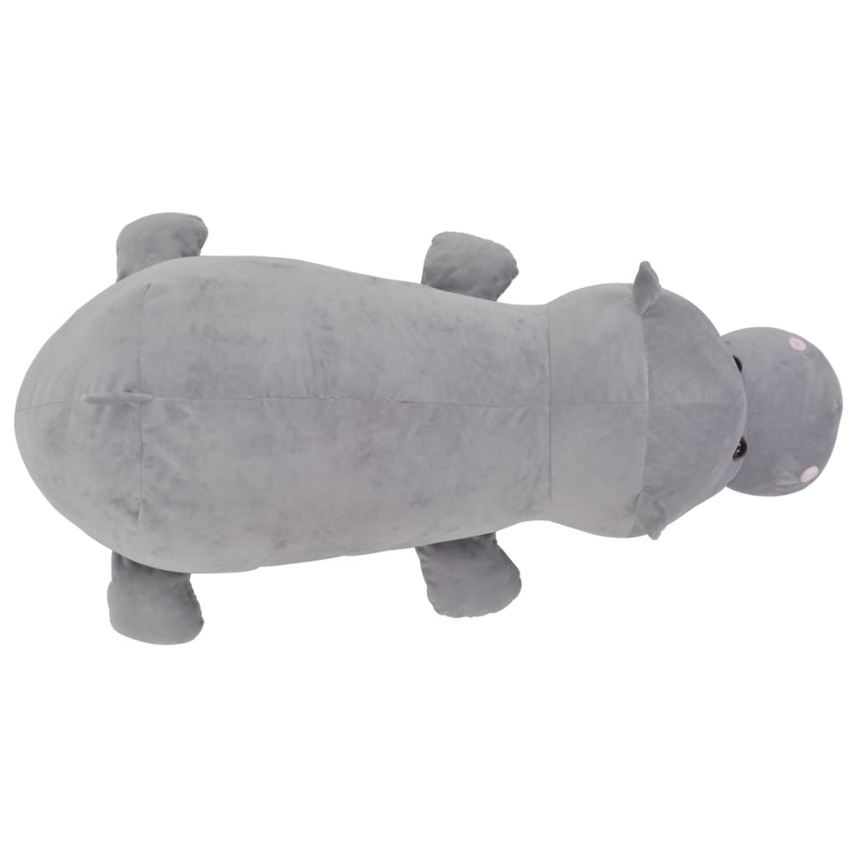 Ein graues, flauschiges Nilpferd-Stofftier liegt auf dem Rücken.