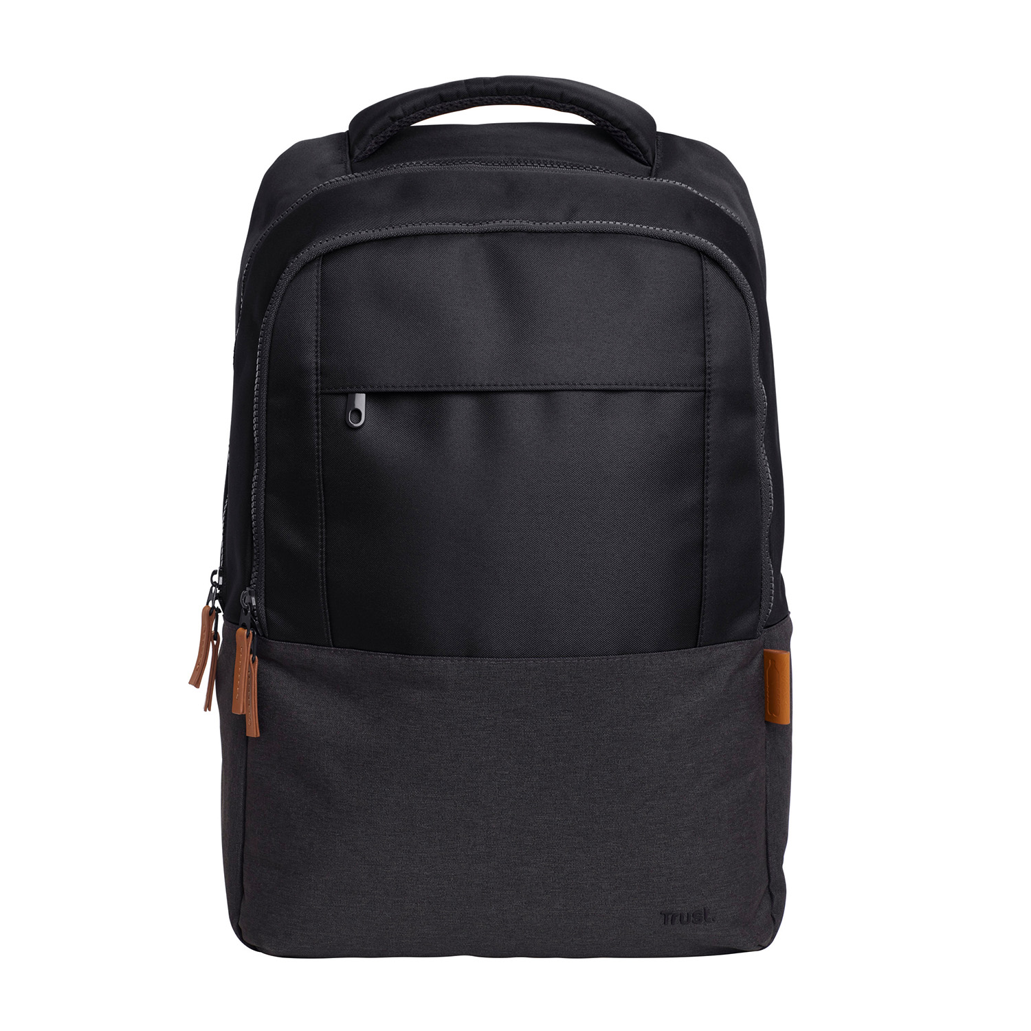 Ein schwarzer Rucksack mit zwei Reißverschlusstaschen und braunen Lederdetails.