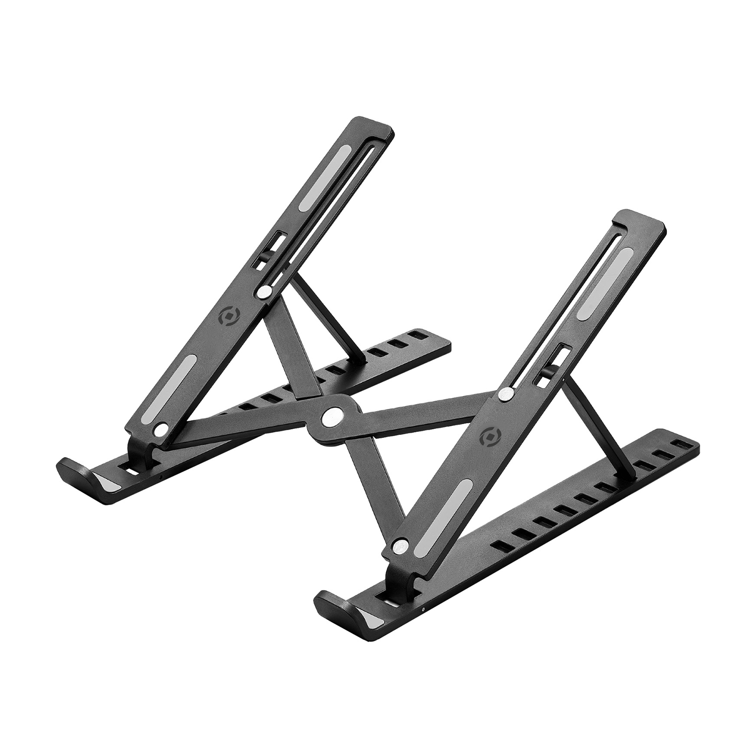 Soporte plegable para portátil de metal negro con brazos ajustables.
