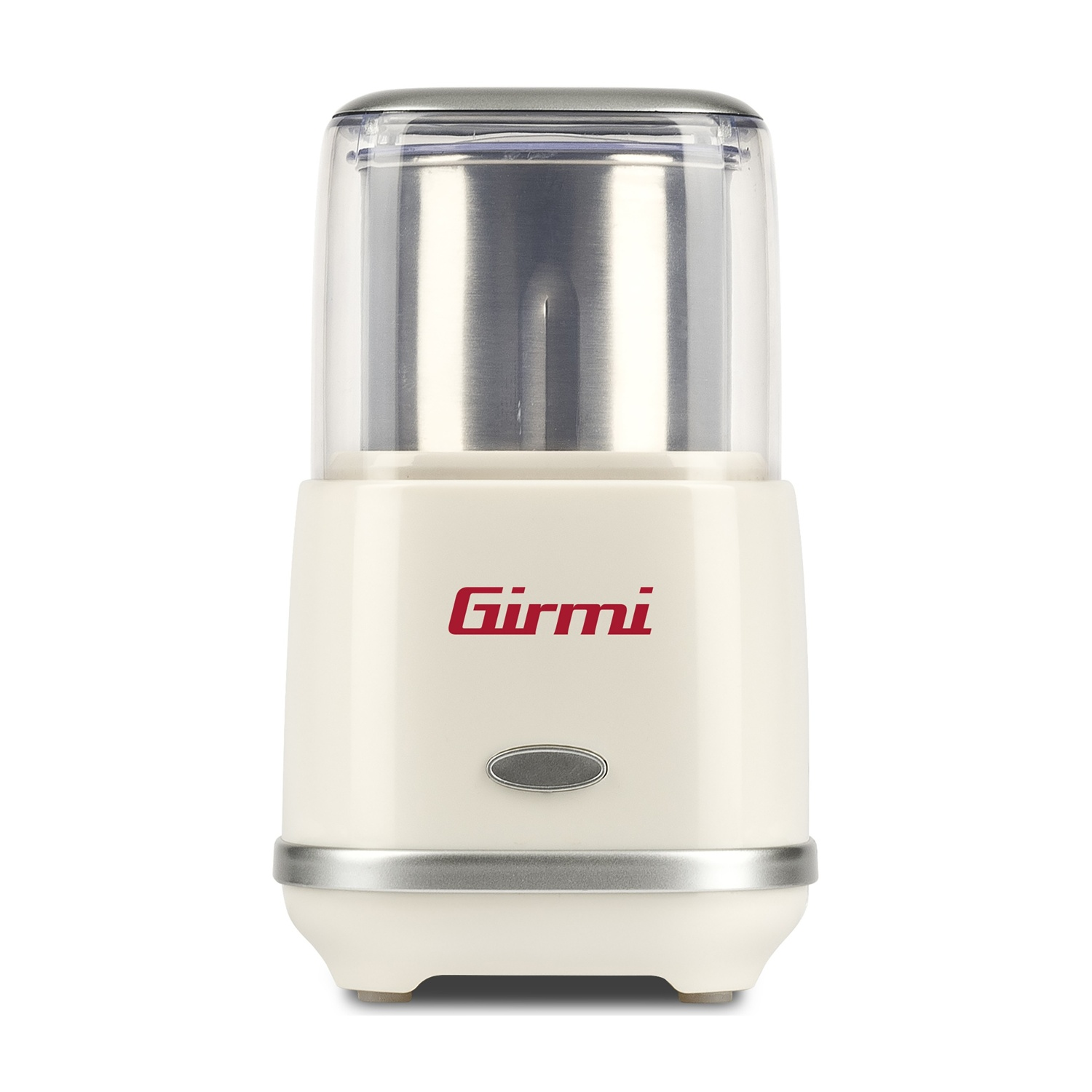 Kremowy młynek do kawy Girmi ze srebrną pokrywką i metalowym pojemnikiem.