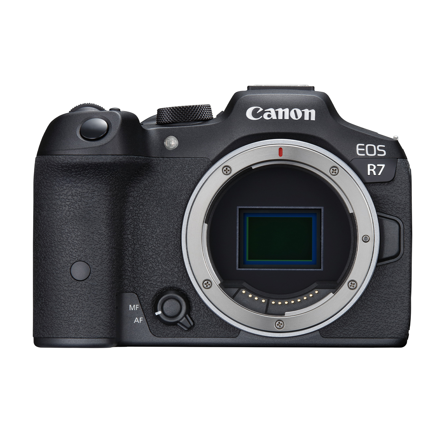 Cámara Canon EOS R7 negra con montura de objetivo y sensor visibles.