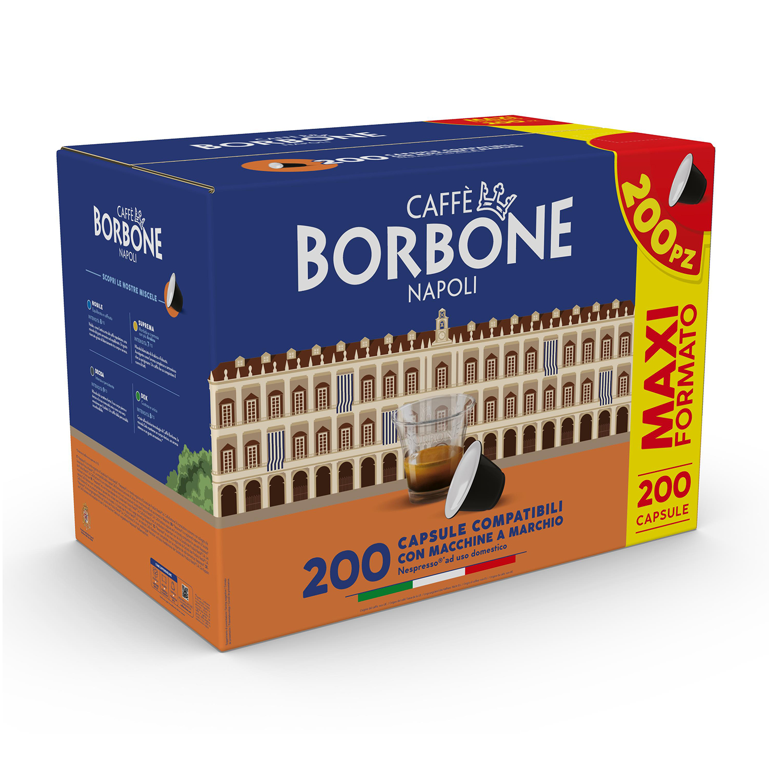 Scatola blu di capsule caffè Borbone, 200 pezzi, con raffigurazione di palazzo napoletano.