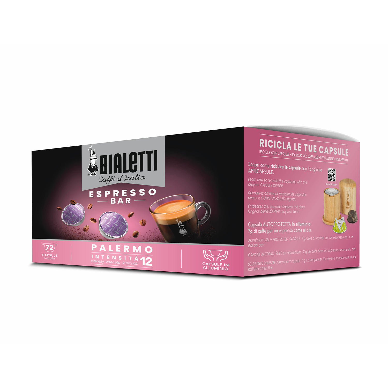 Capsule Bialetti Palermo Espresso Bar con caffè e tazzina da espresso.