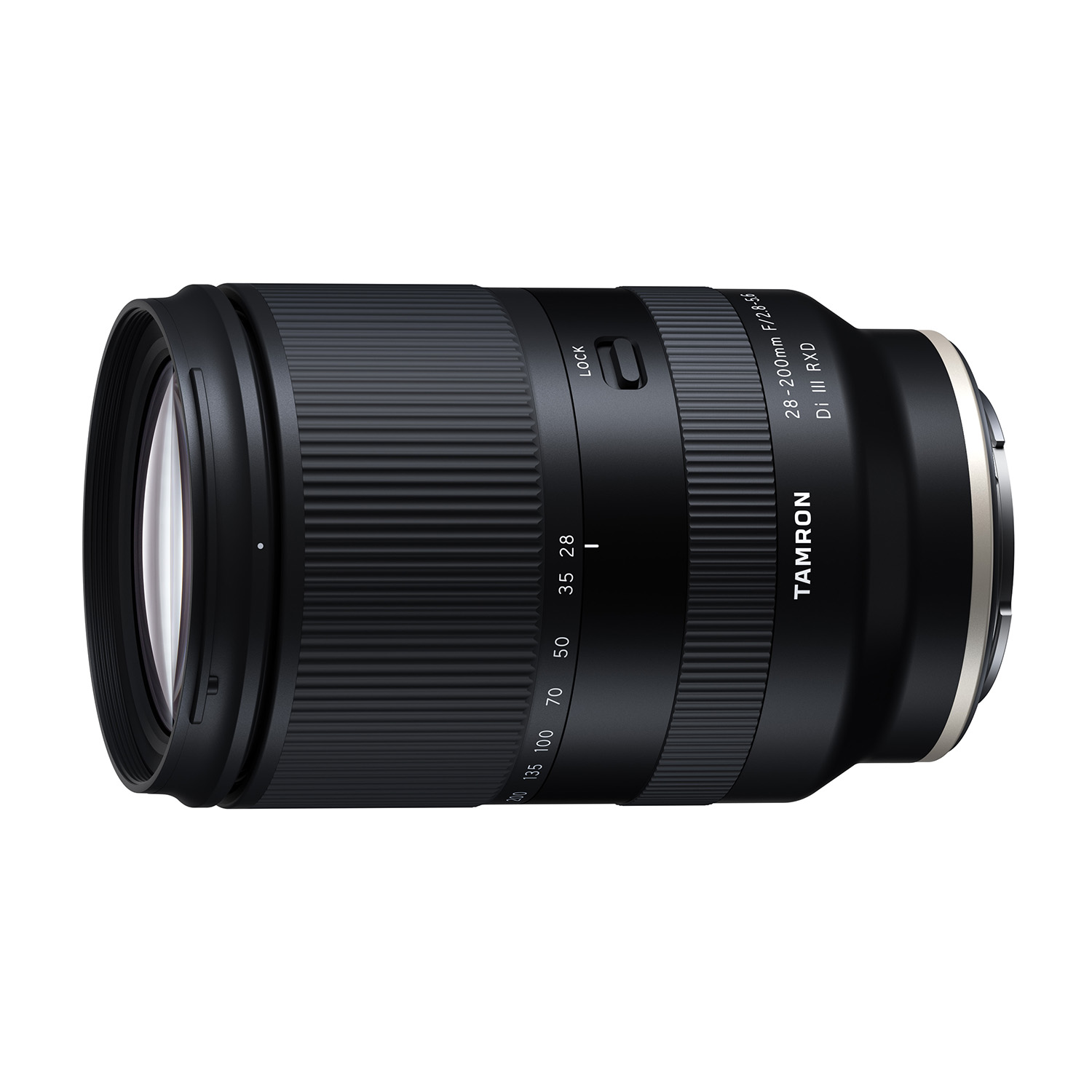 Un objetivo zoom Tamron 28-200mm negro con anillos de enfoque y zoom.