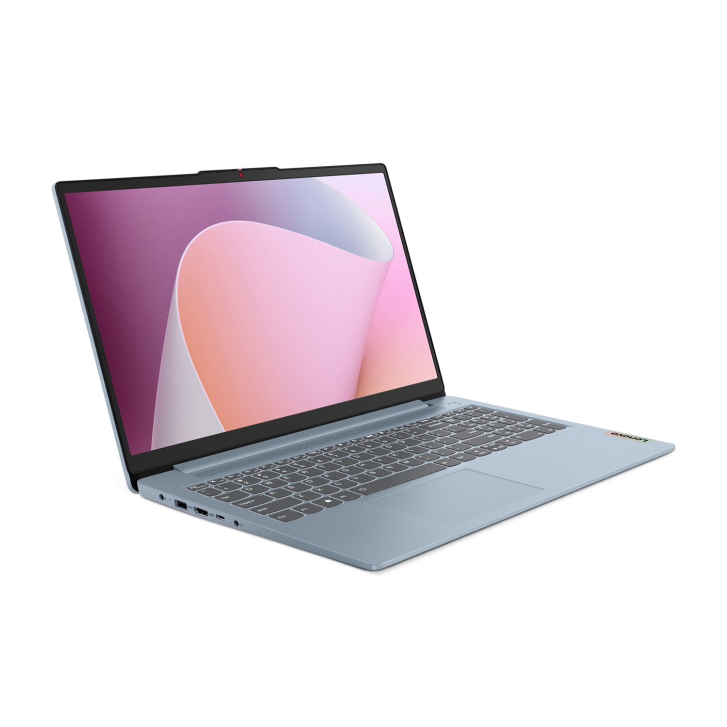 Un laptop Lenovo azzurro è aperto su sfondo bianco. Lo schermo mostra forme astratte rosa e viola.