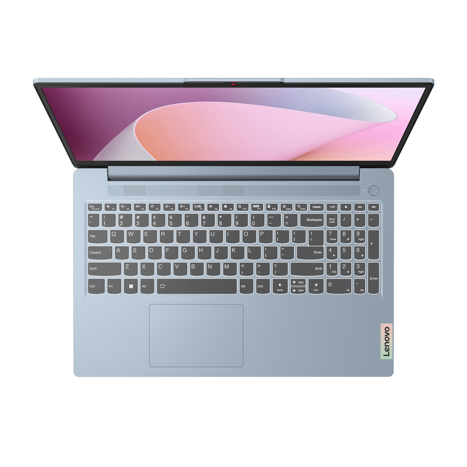Un laptop Lenovo azzurro chiaro è aperto, con uno sfondo astratto colorato sullo schermo.