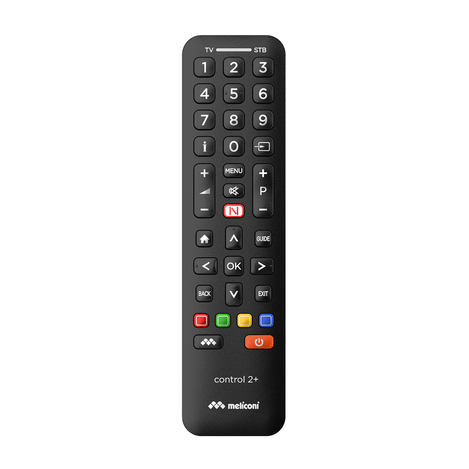Telecomando nero con pulsanti per TV e STB, numeri e funzioni.