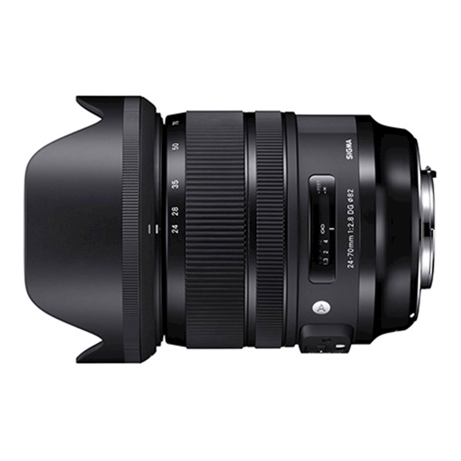 Un obiettivo Sigma 24-70mm f/2.8 DG OS HSM nero con paraluce.