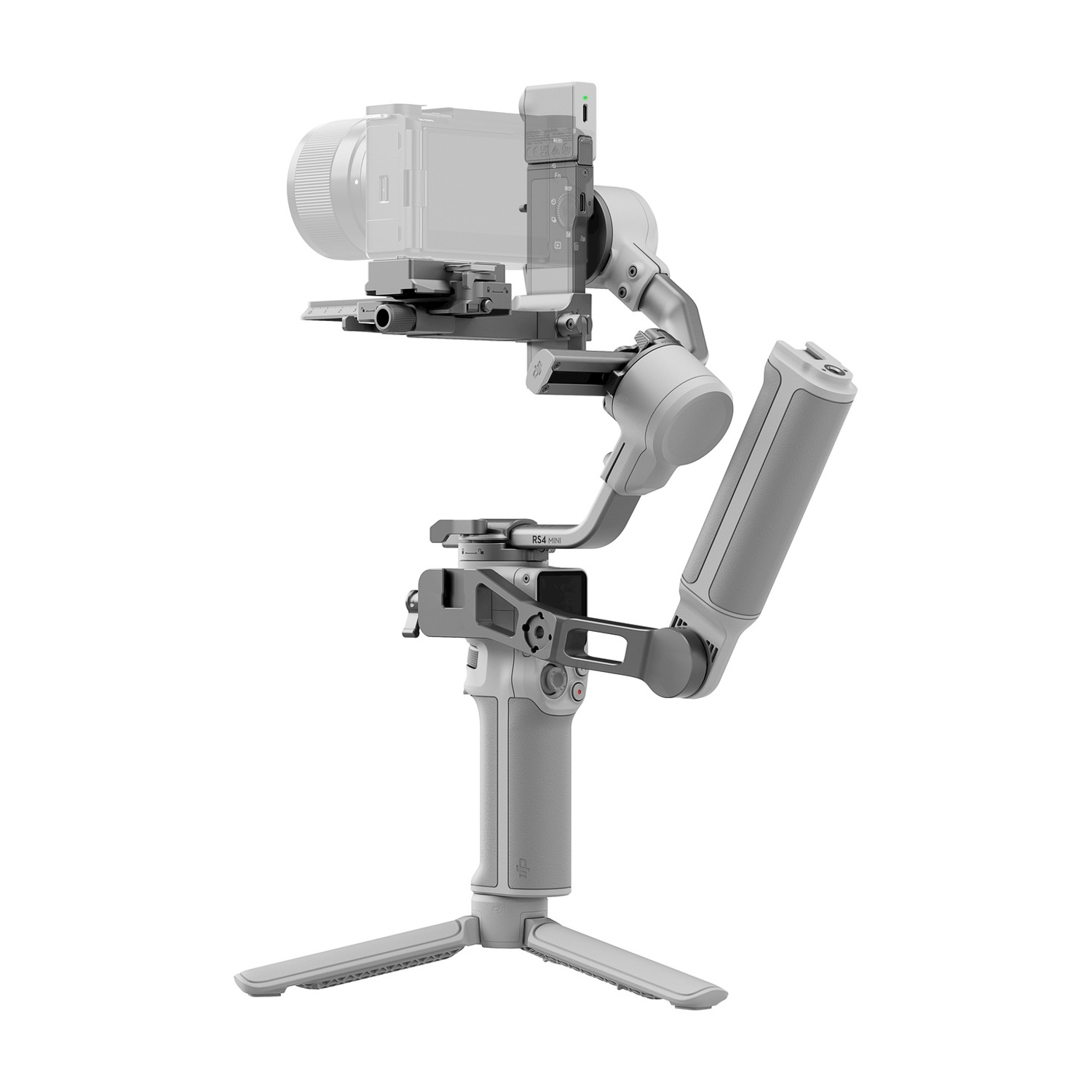 Un gimbal per fotocamera grigio con manico e piccolo treppiede.