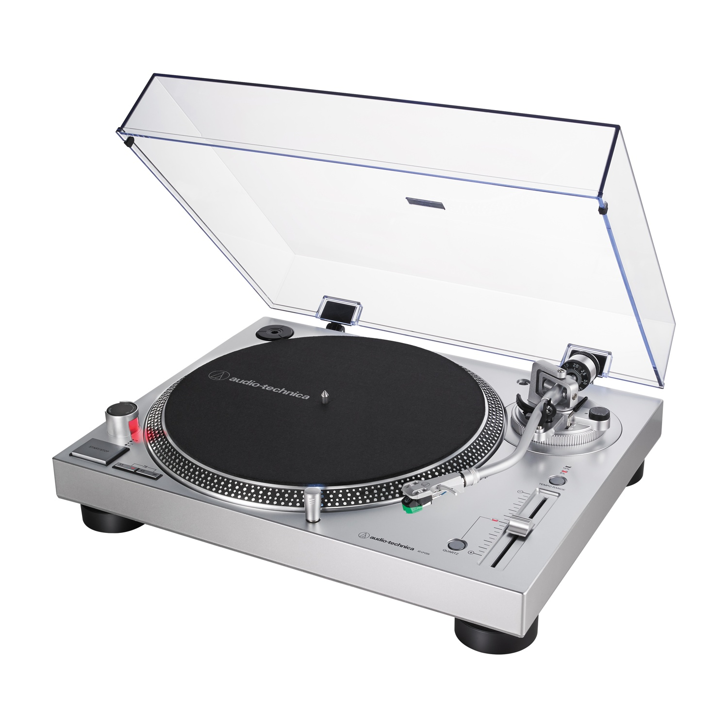 A silver turntable with its clear dust cover open, featuring a black mat and tonearm.