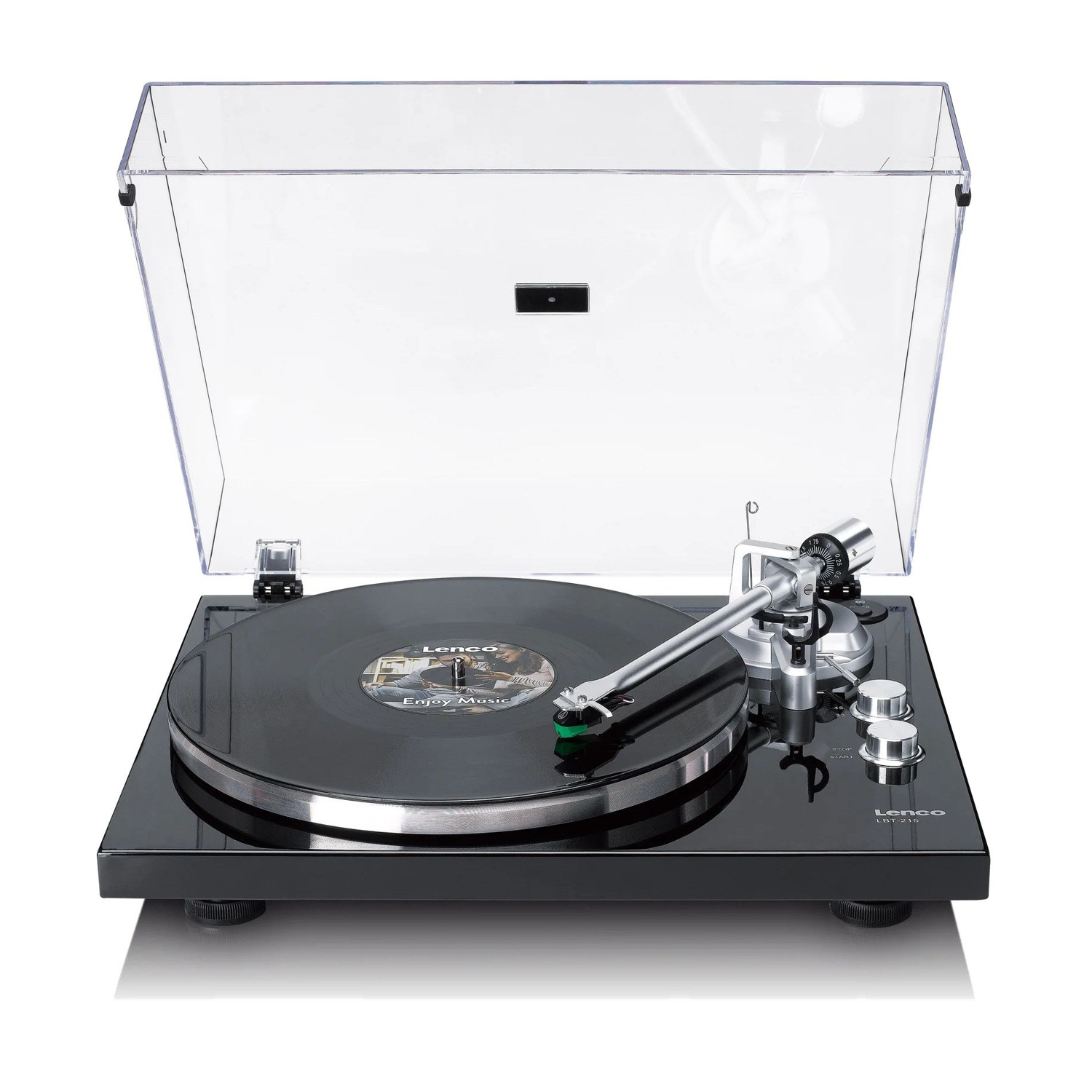 A black record player with a clear lid playing a vinyl record. Balanced for music.