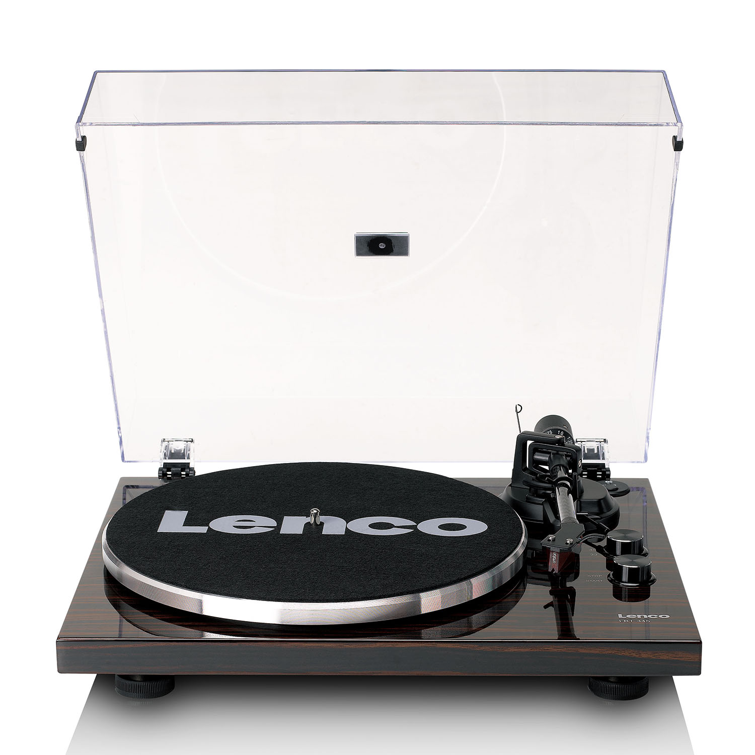 A turntable with a wood finish, black platter, and clear dust cover.