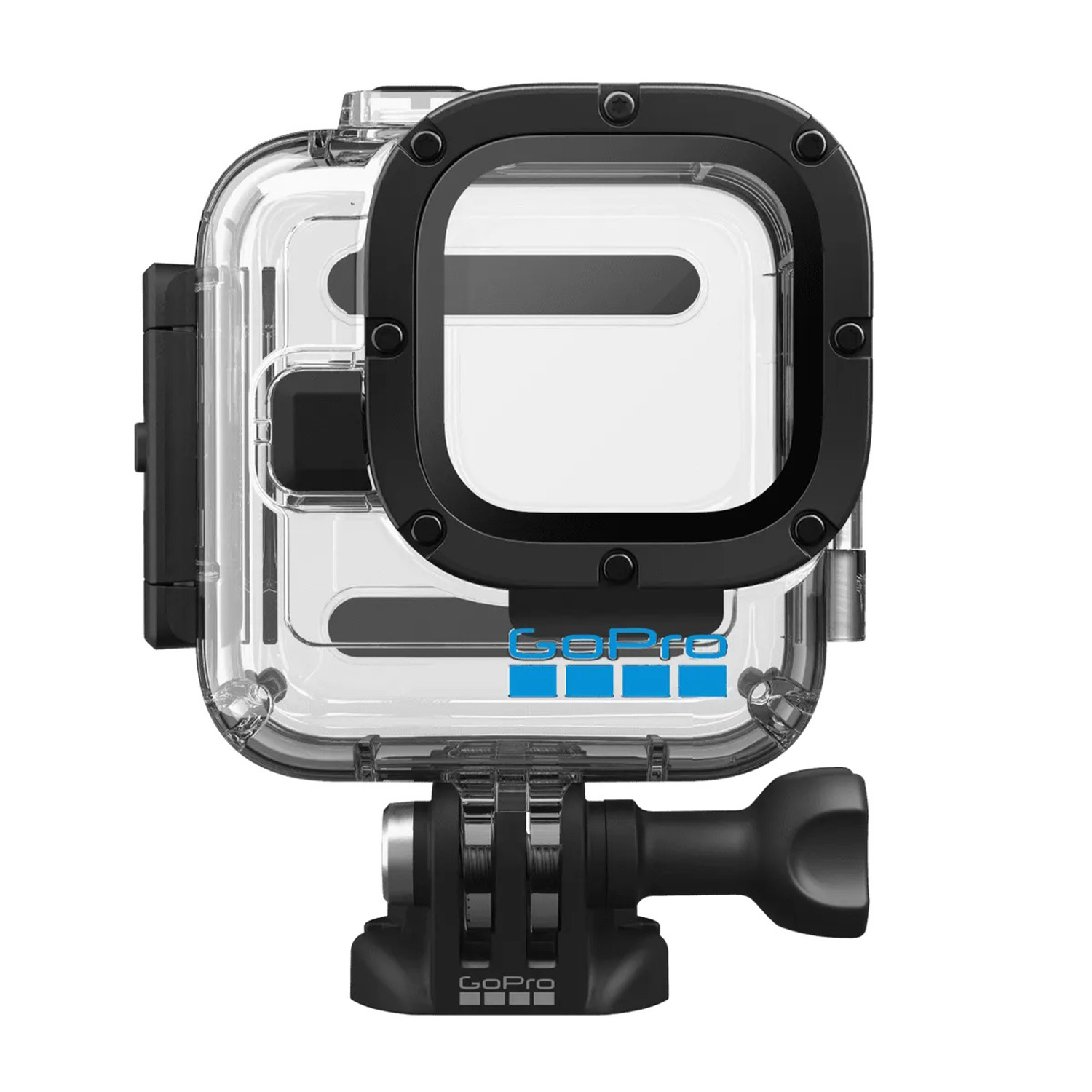 Custodia protettiva GoPro trasparente con cornice e supporto neri.