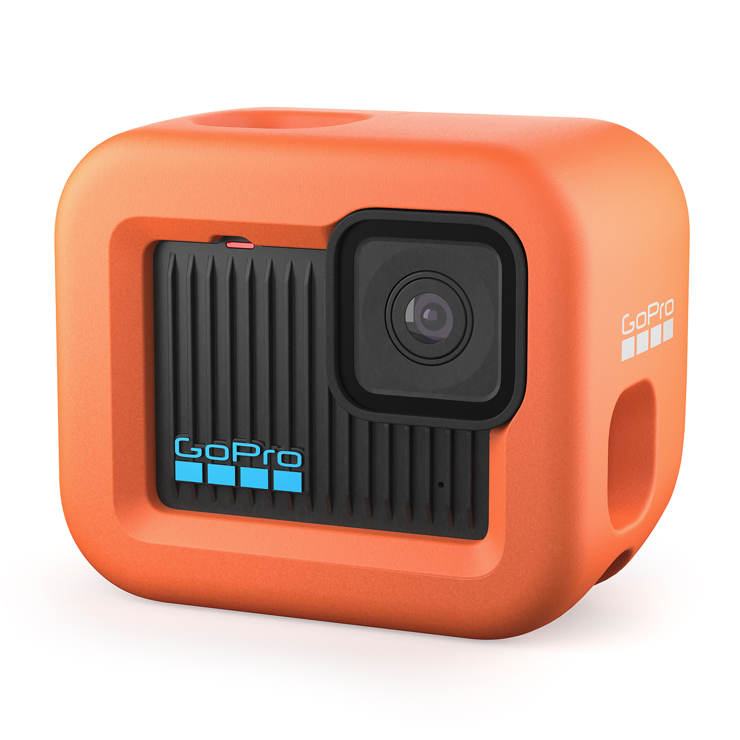 Fotocamera GoPro arancione con piastra frontale e cornice lente neri.