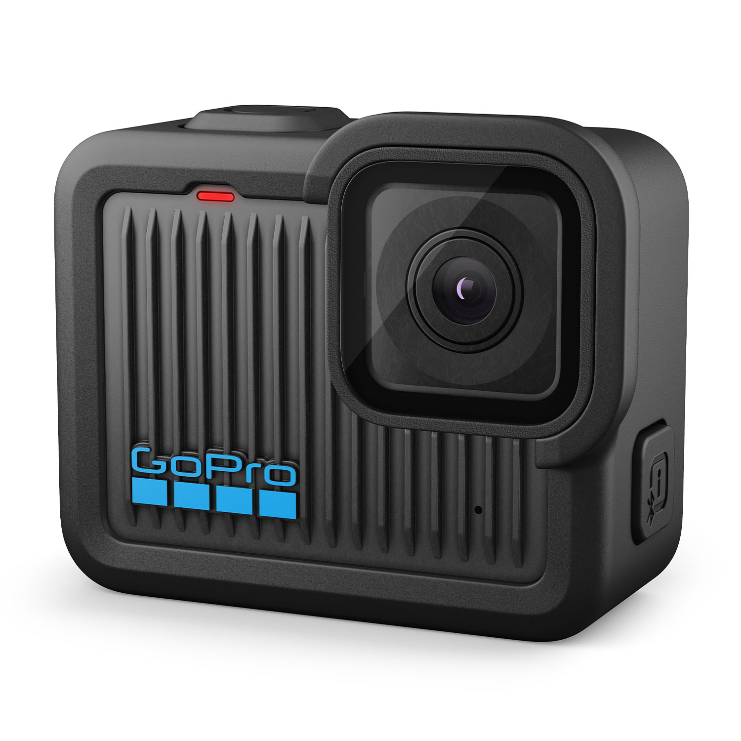 Telecamera GoPro nera con obiettivo, spia rossa e logo blu.