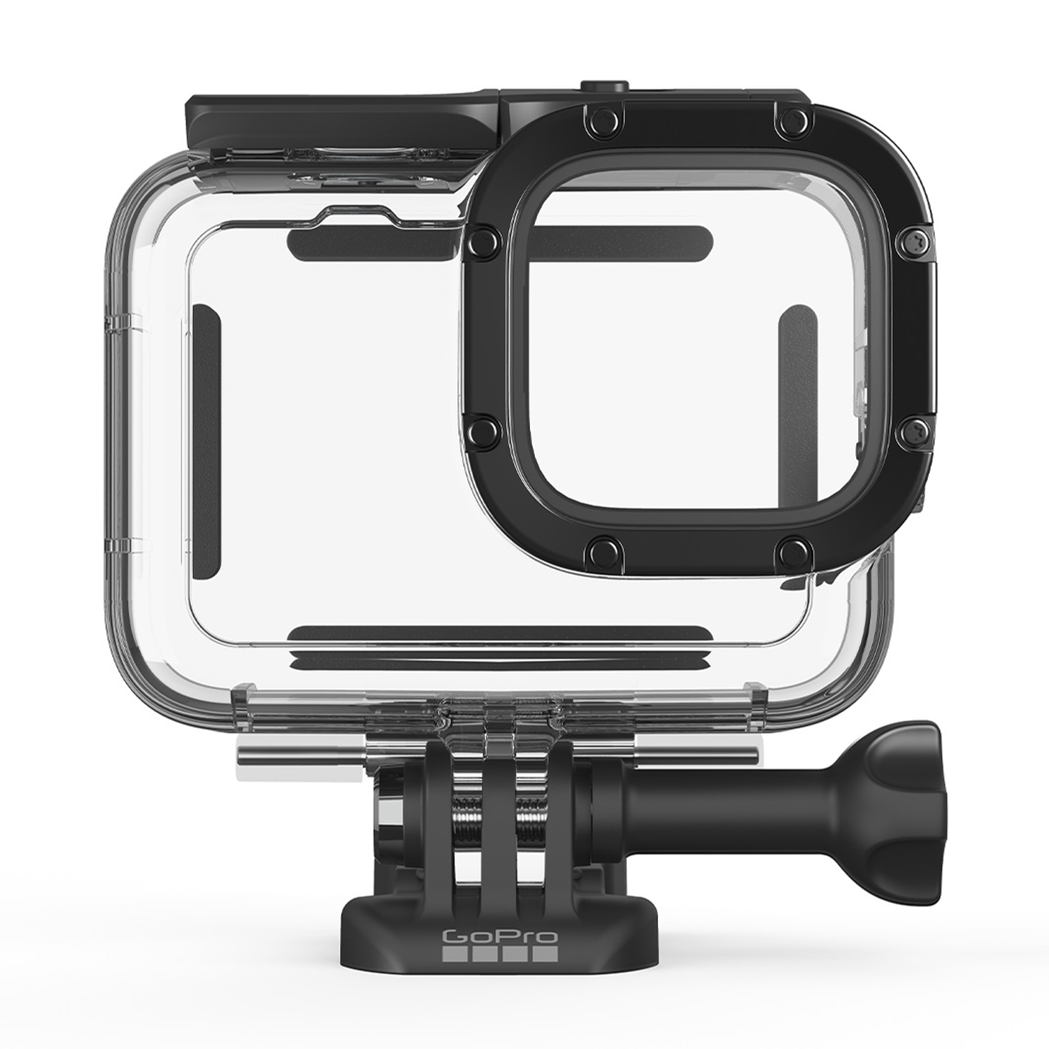 Custodia protettiva GoPro trasparente con cornice e attacco neri.