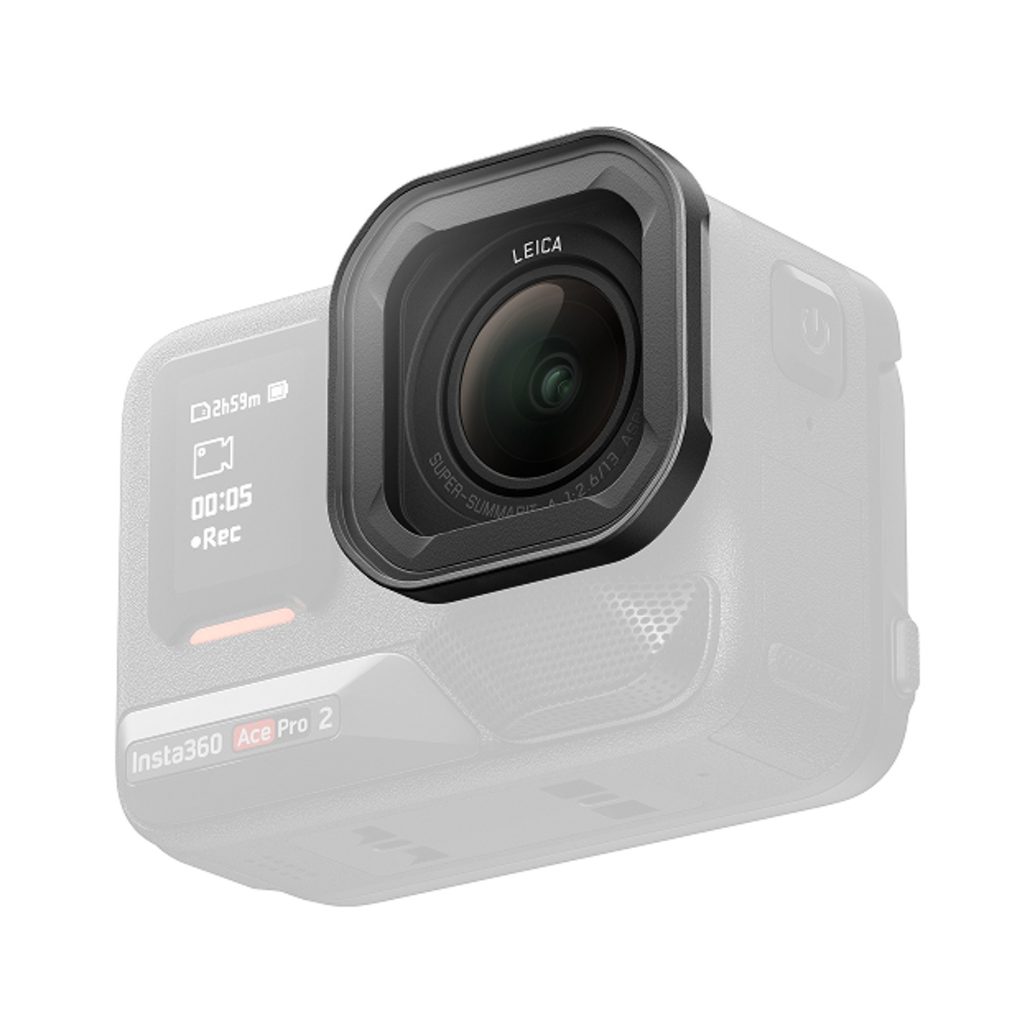 Primo piano della fotocamera Insta360 Ace Pro 2 con obiettivo Leica, modalità registrazione.