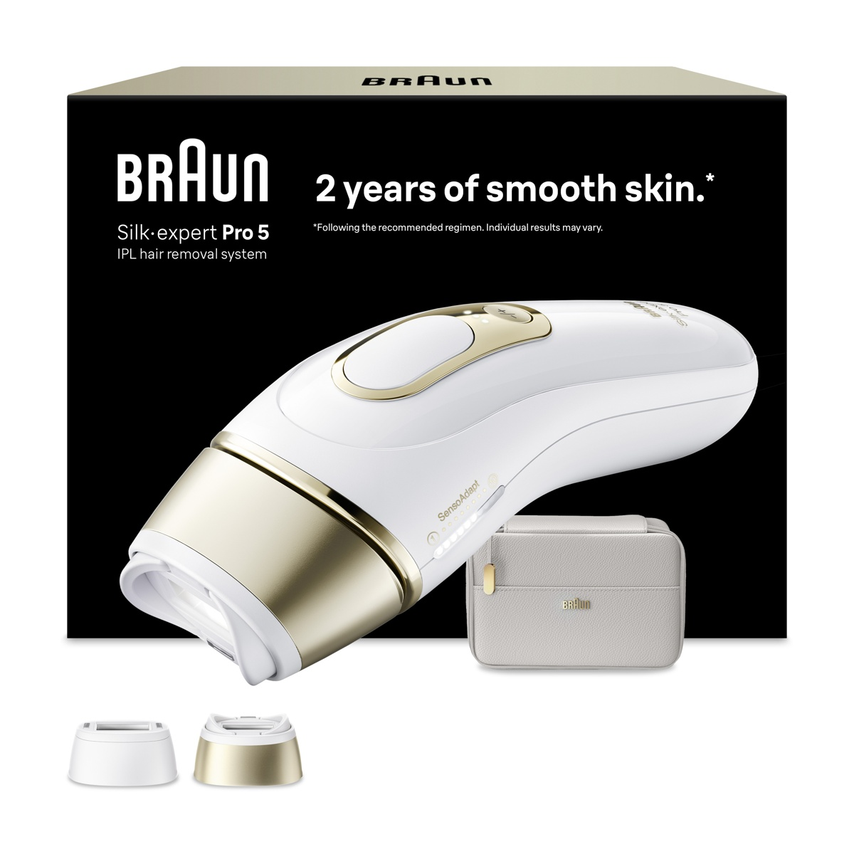Depilator IPL Braun Silk-expert Pro 5 z akcesoriami w pudełku.