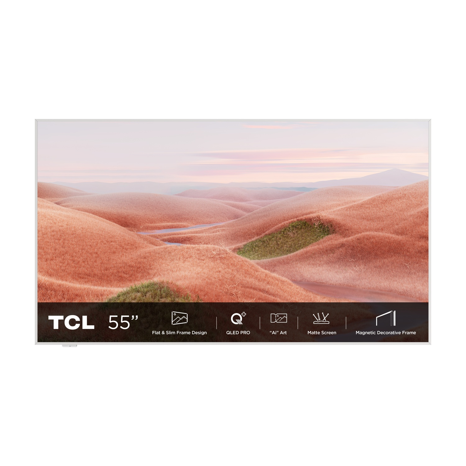 TV TCL QLED de 55 pulgadas con marco plano, pantalla mate y marco magnético.