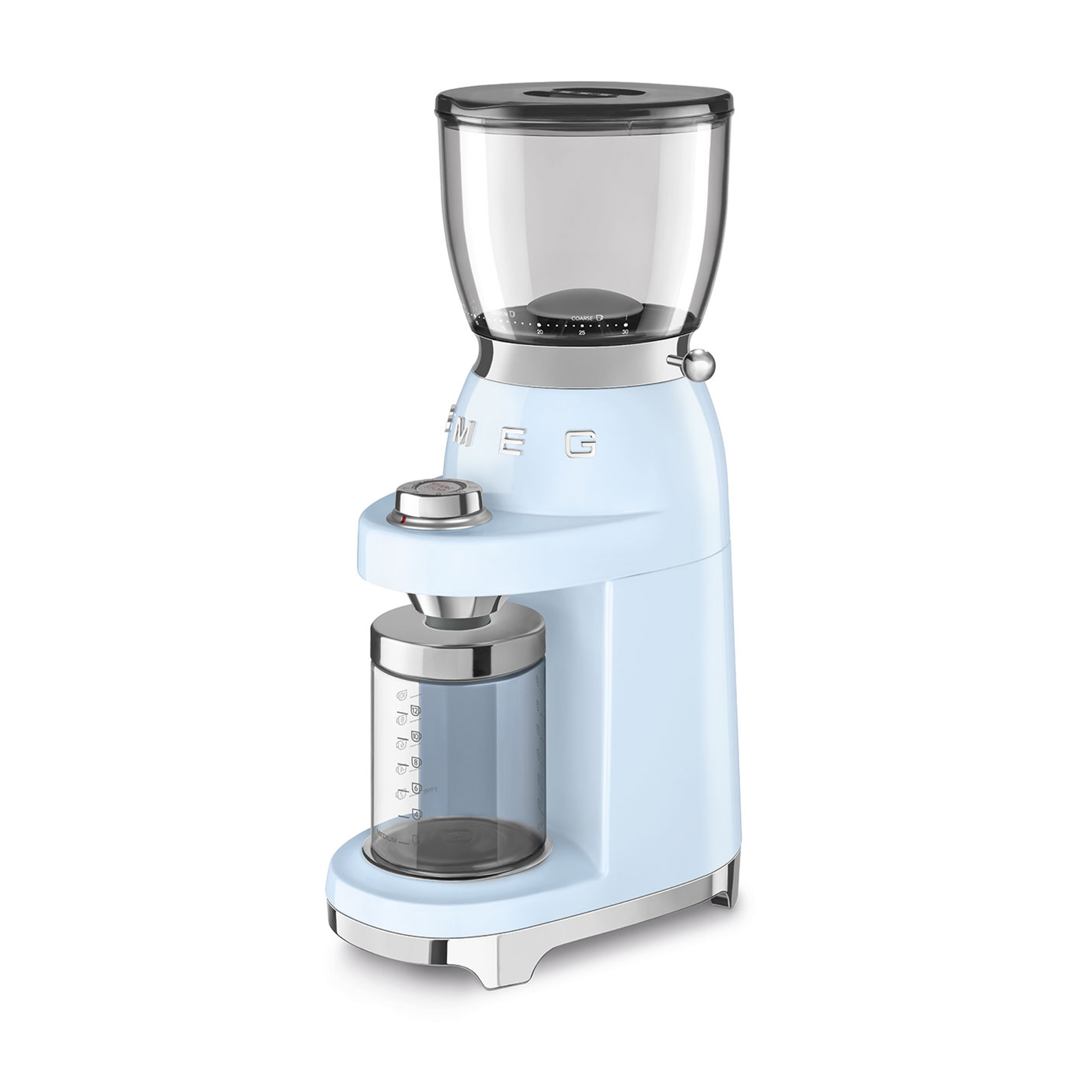 Jasnoniebieski młynek do kawy z przezroczystym zasobnikiem i chromowanymi detalami.