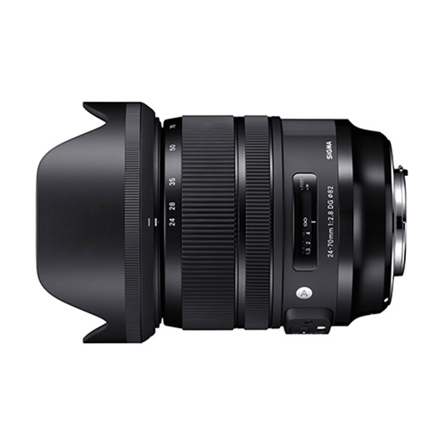 Un obiettivo Sigma 24-70mm 1:2.8 DG nero con paraluce.