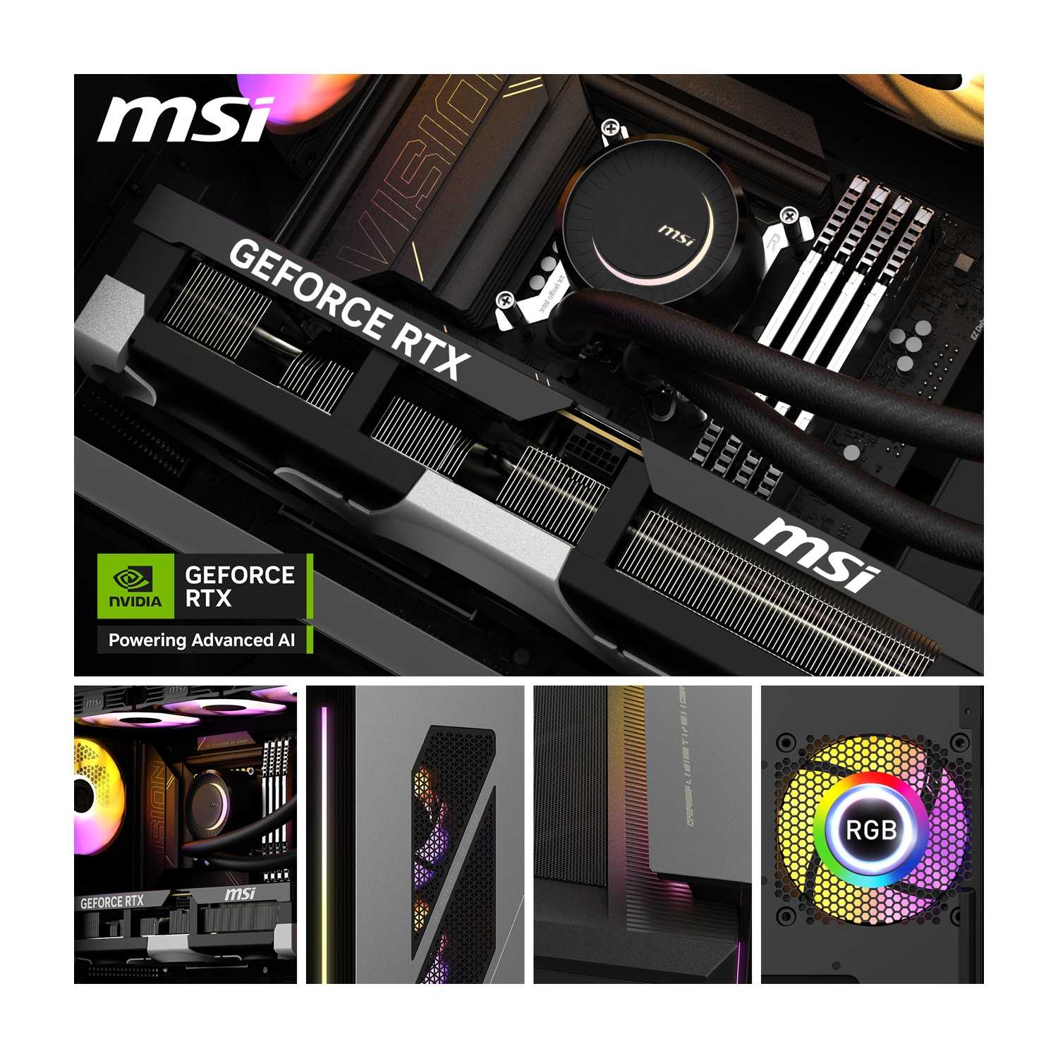 PC Gaming MSI con tarjeta gráfica RTX, ventilador RGB y refrigeración líquida.