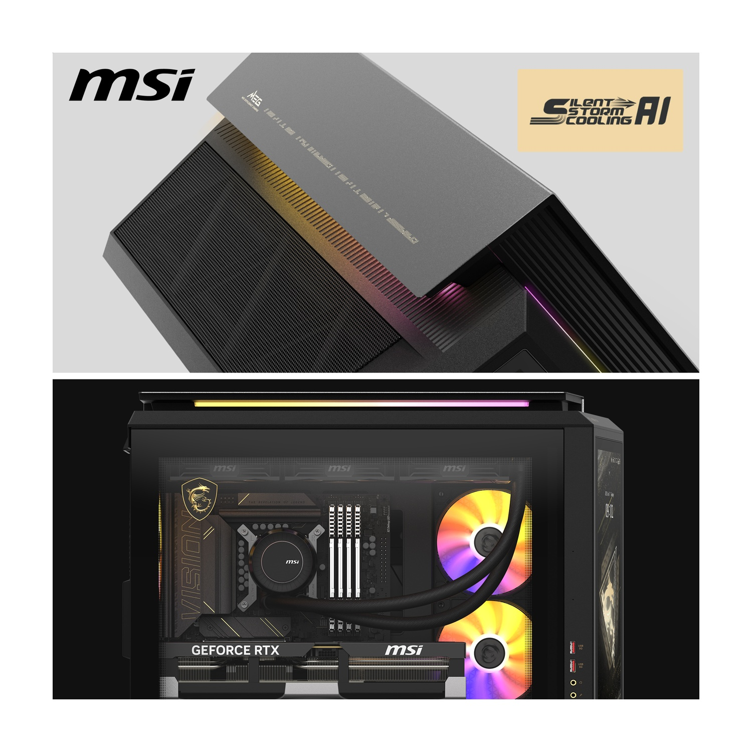 PC gaming MSI con ventiladores RGB y tarjeta gráfica RTX en caja transparente.