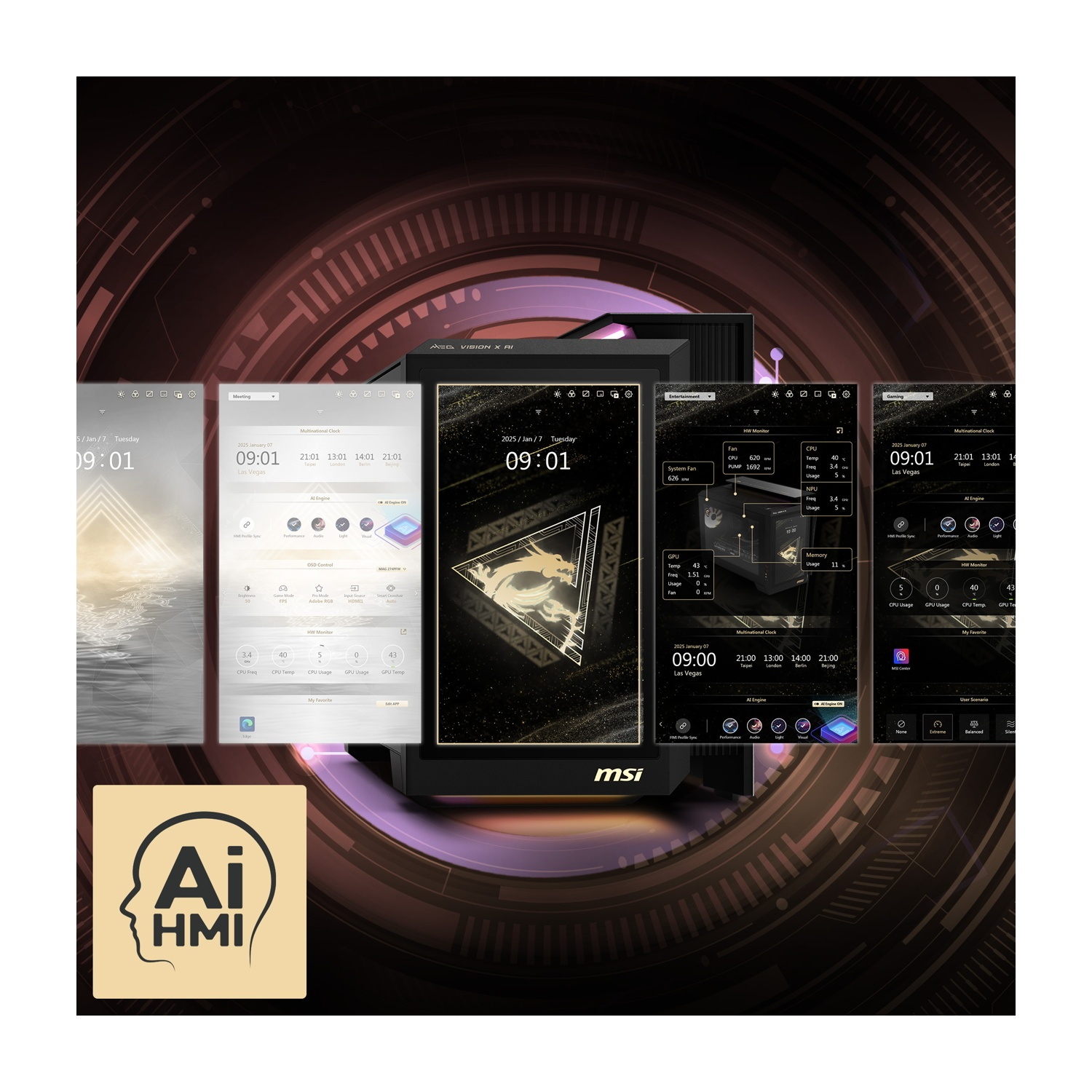 Pantalla de ordenador MSI con superposiciones de software que muestran relojes y datos del sistema.