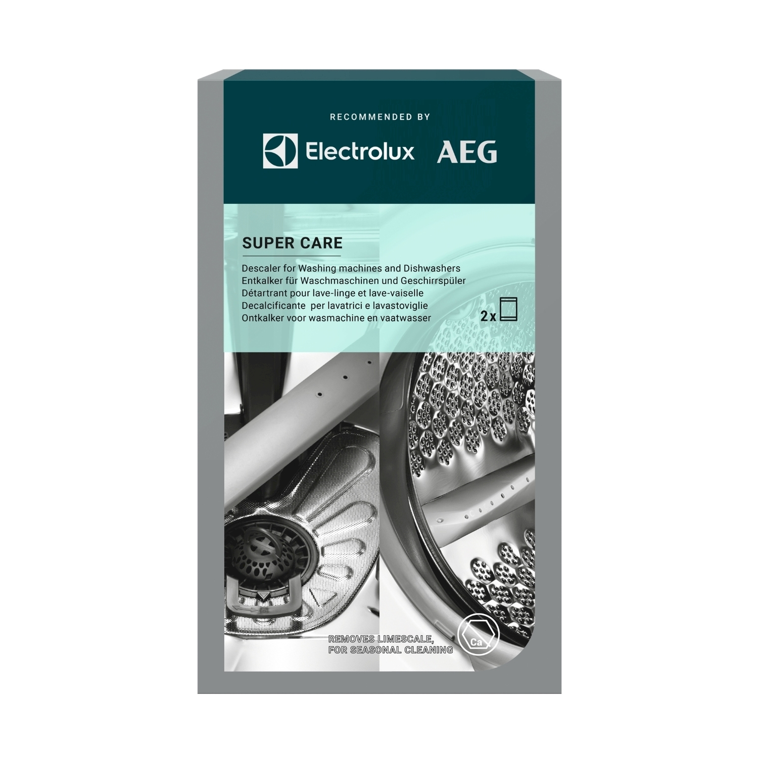 Confezione con loghi AEG ed Electrolux. Interno di una lavatrice.